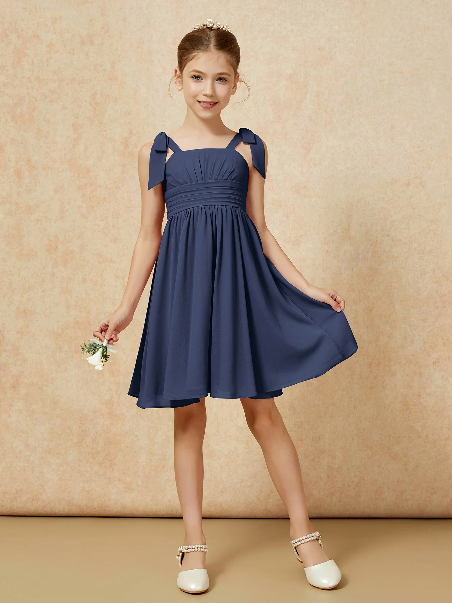 Bowknot Straps Knee-length Junior Bridesmaid Dresses Dark Navy - Image 5
