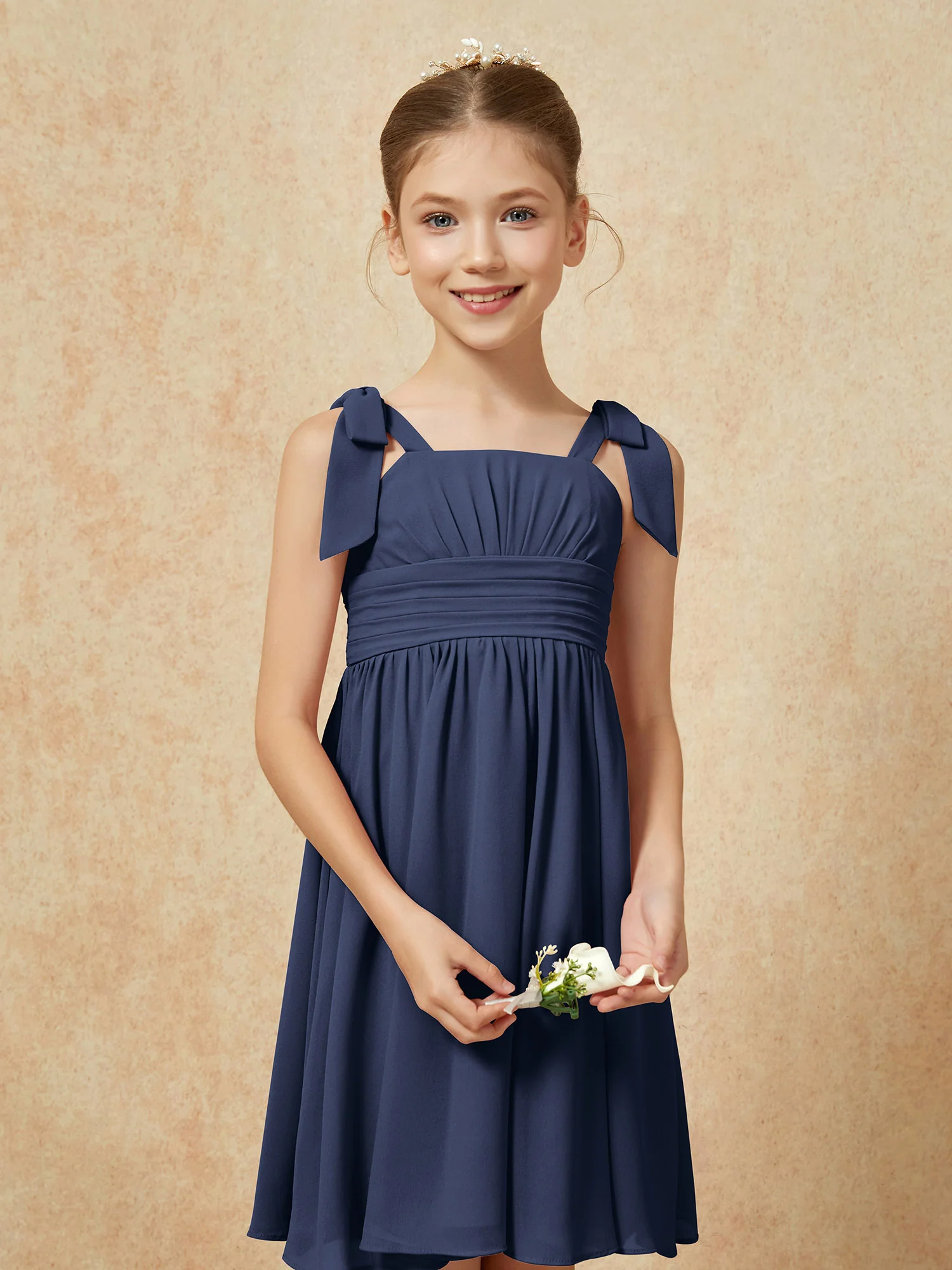 Bowknot Straps Knee-length Junior Bridesmaid Dresses Dark Navy - Image 6