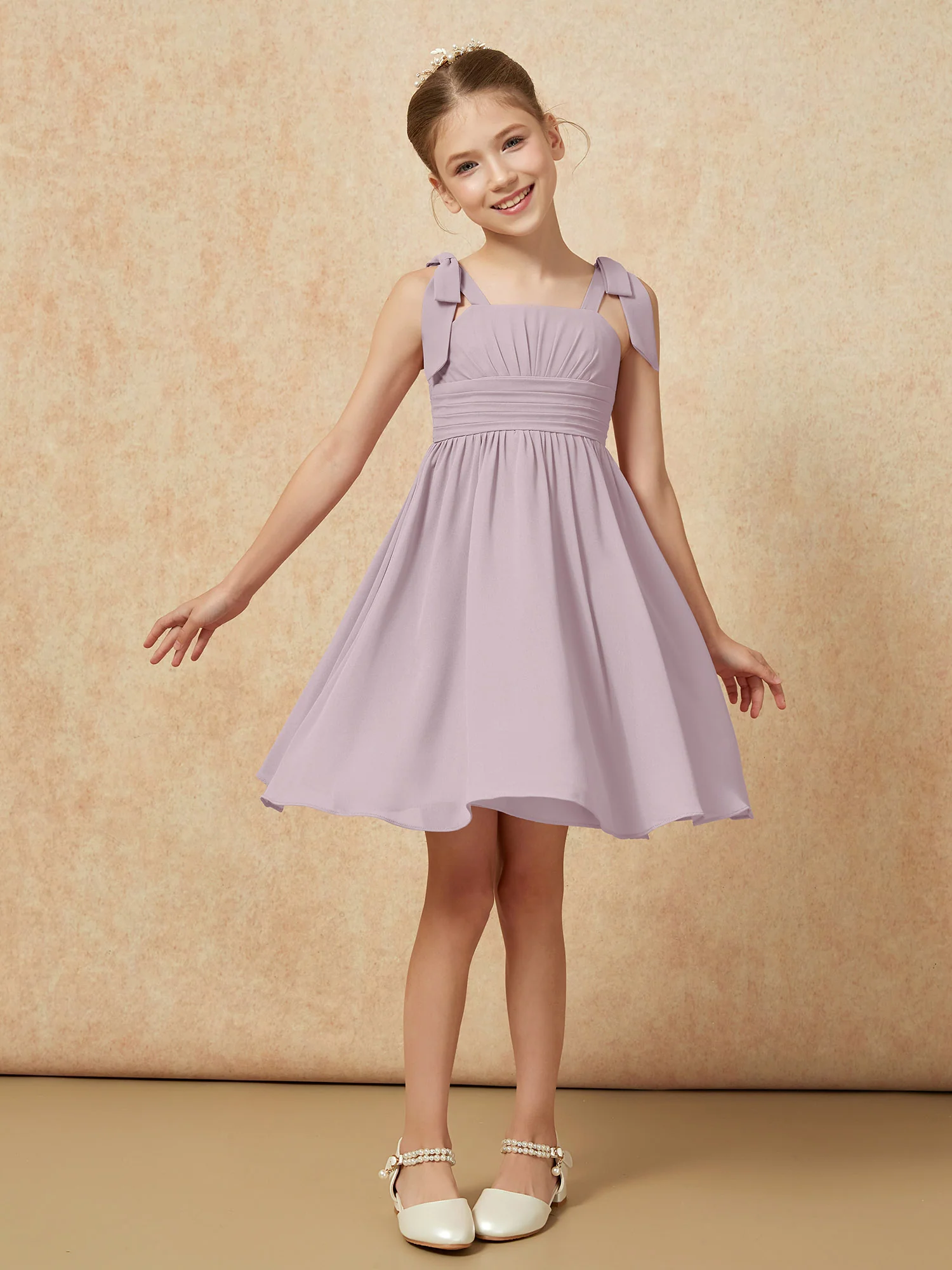 Bowknot Straps Knee-length Junior Bridesmaid Dresses Dusk