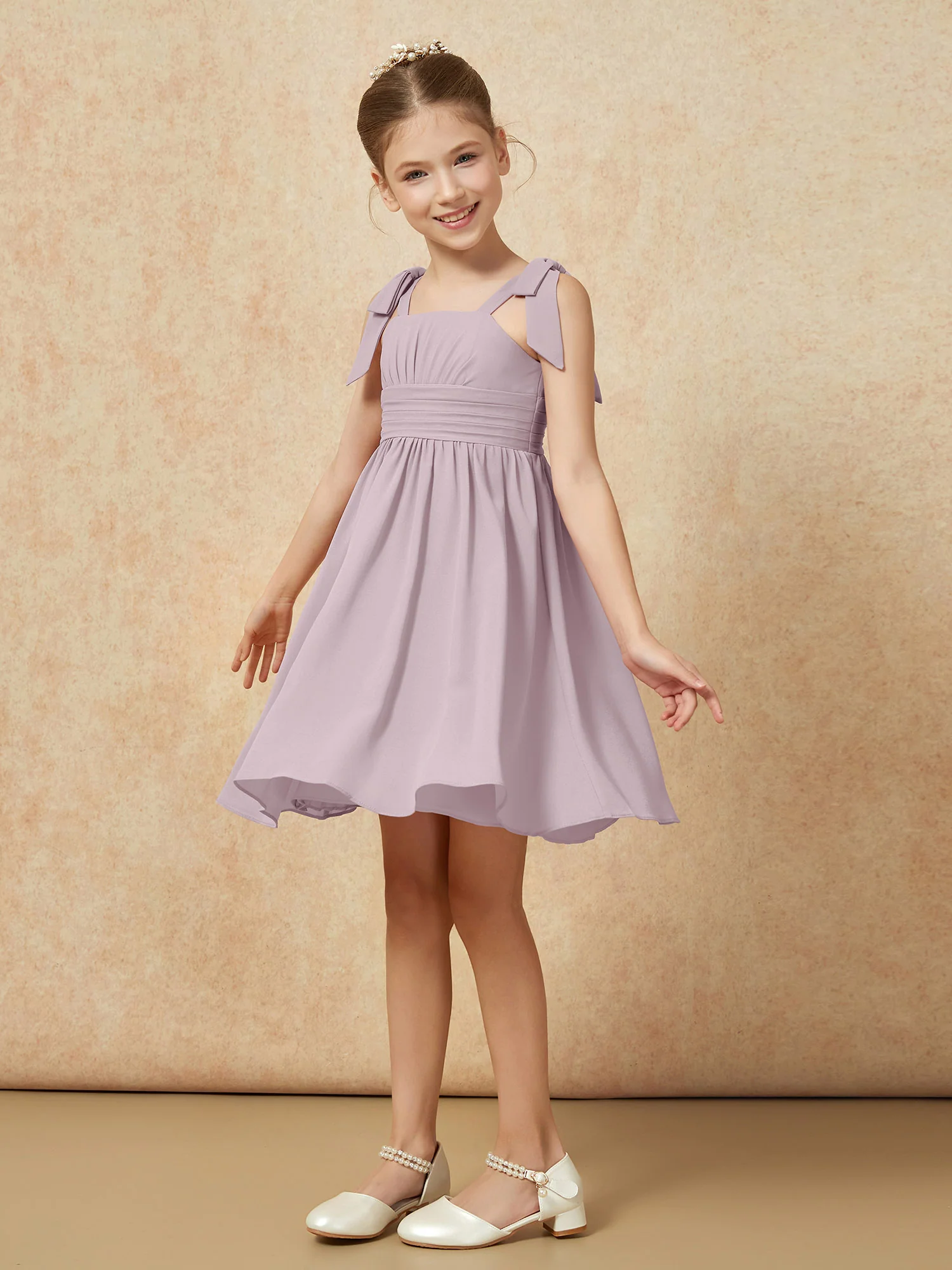 Bowknot Straps Knee-length Junior Bridesmaid Dresses Dusk - Image 3