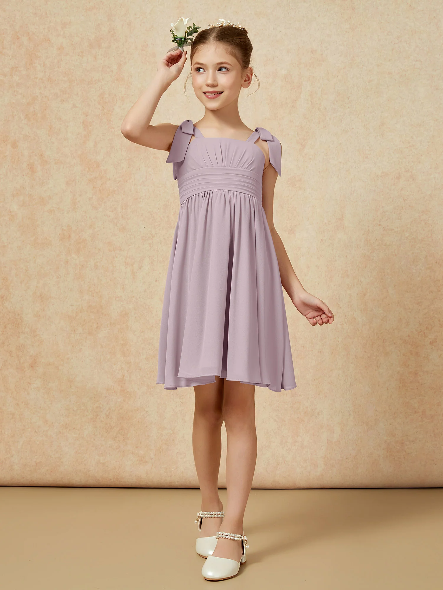 Bowknot Straps Knee-length Junior Bridesmaid Dresses Dusk - Image 4