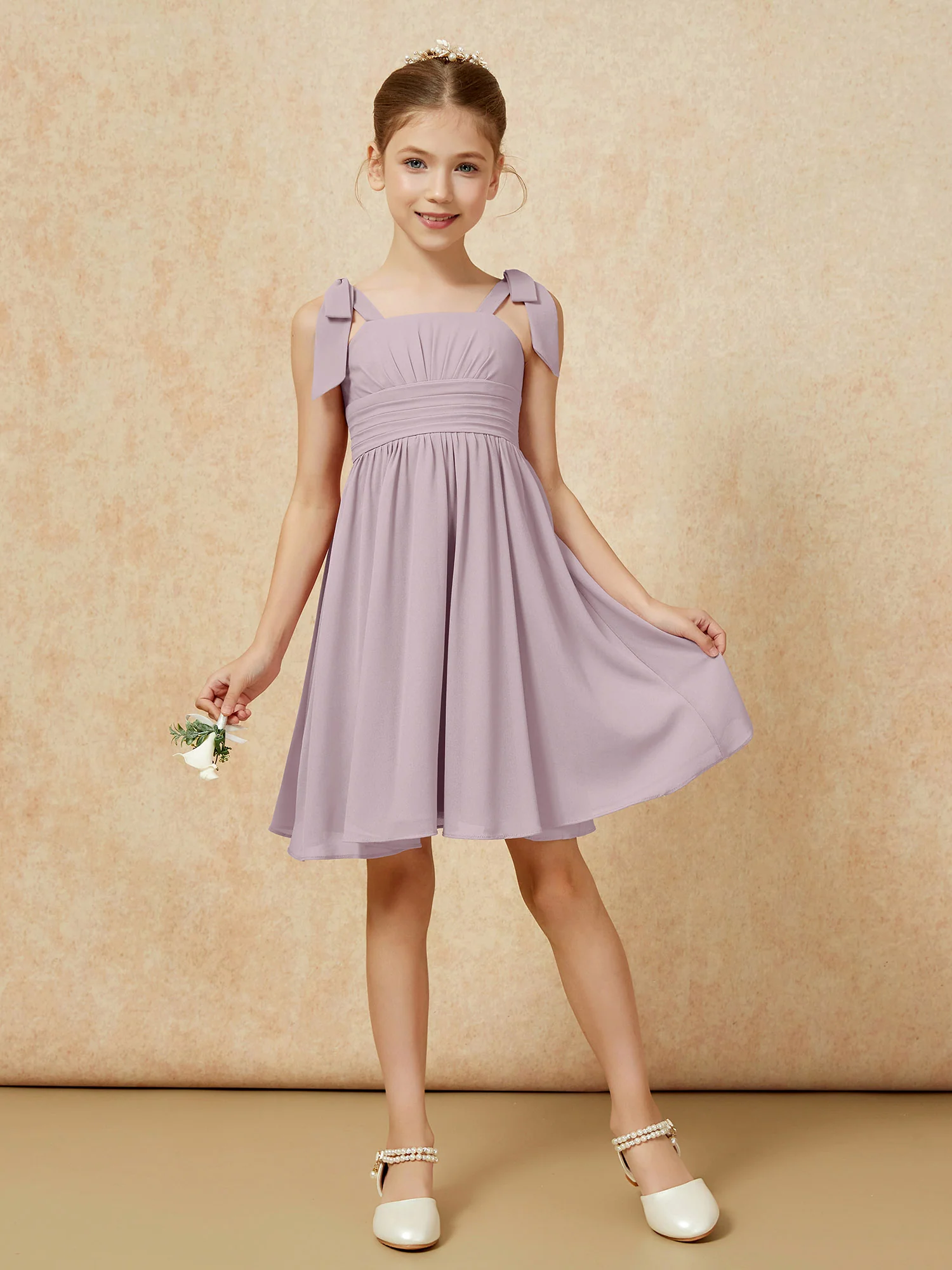 Bowknot Straps Knee-length Junior Bridesmaid Dresses Dusk - Image 5