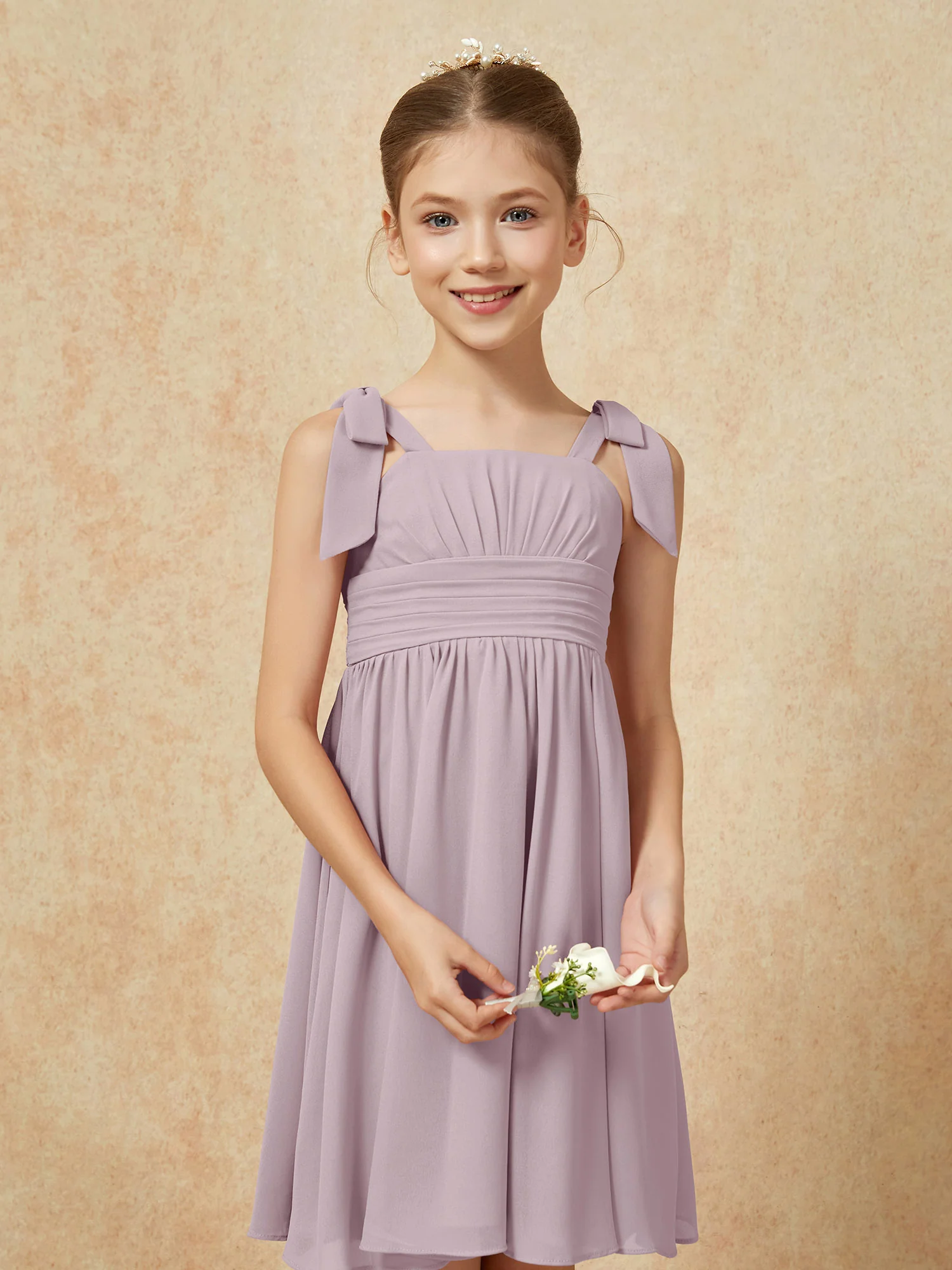 Bowknot Straps Knee-length Junior Bridesmaid Dresses Dusk - Image 6