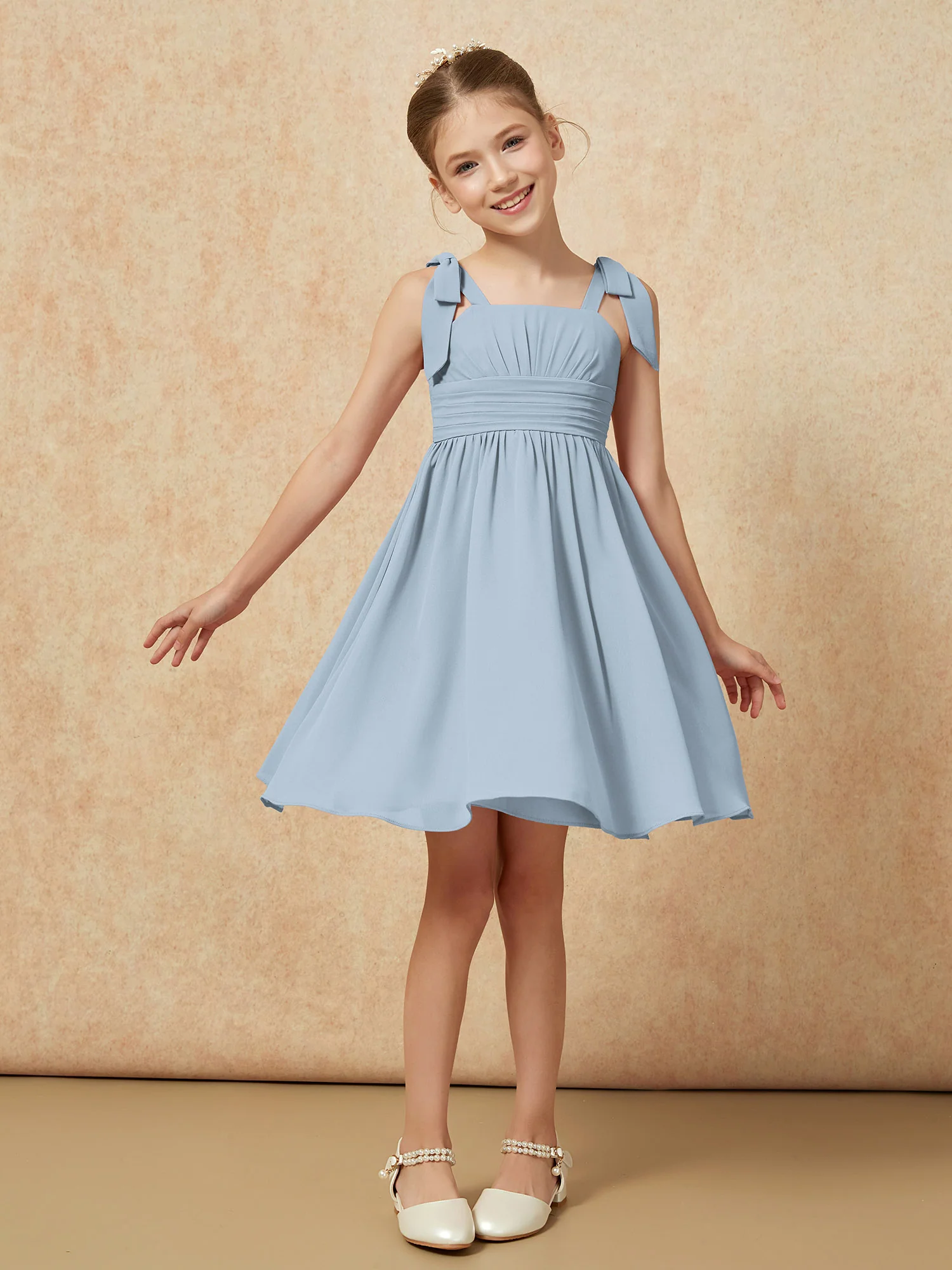 Bowknot Straps Knee-length Junior Bridesmaid Dresses Dusty Blue