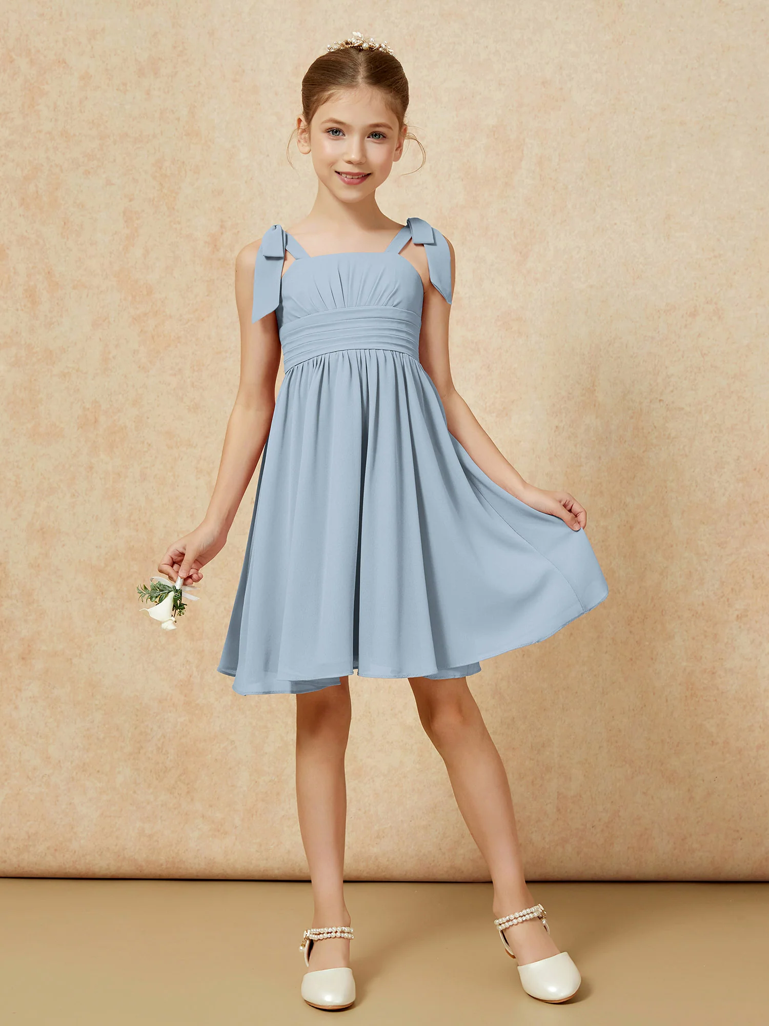 Bowknot Straps Knee-length Junior Bridesmaid Dresses Dusty Blue - Image 5