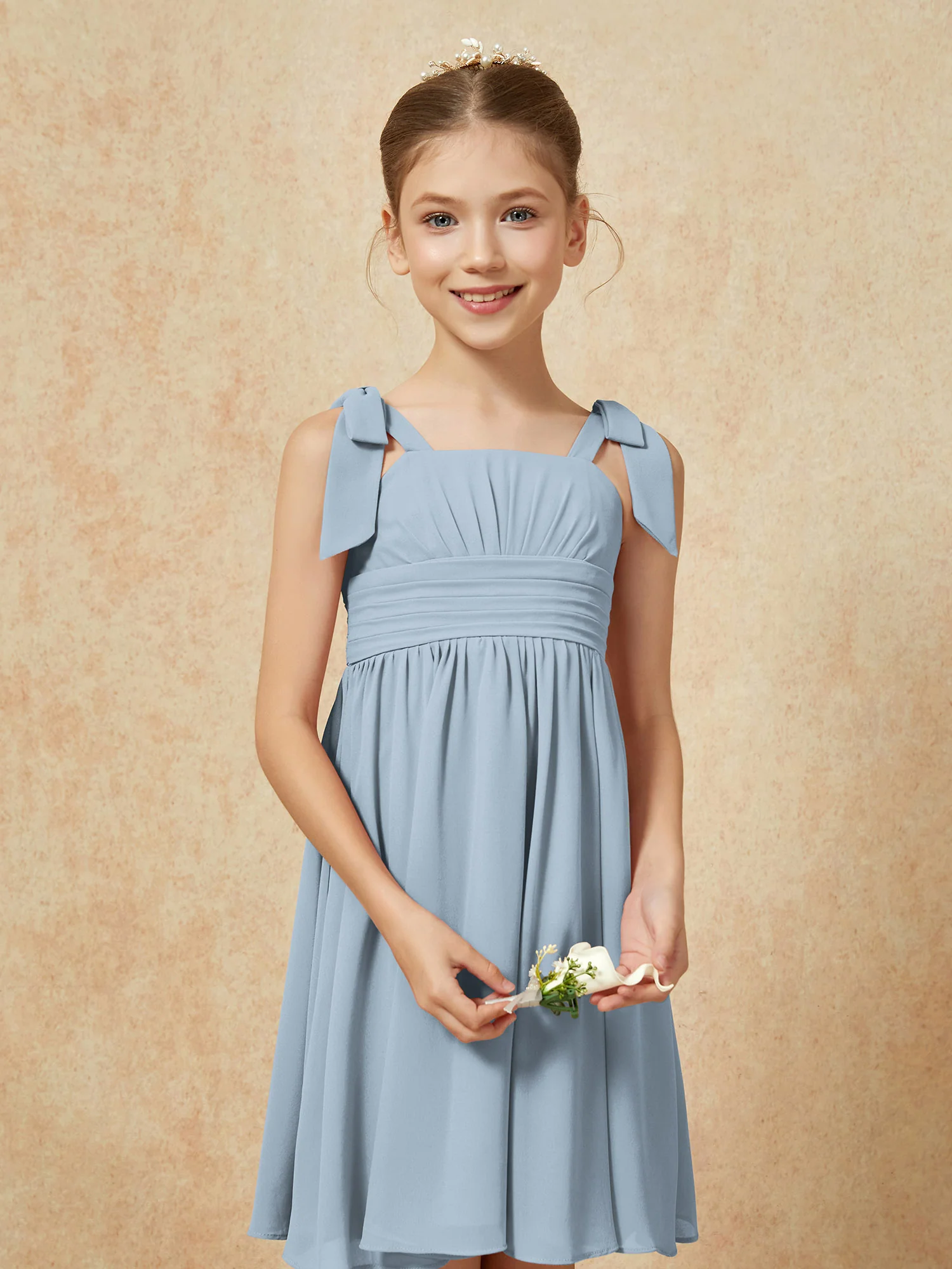 Bowknot Straps Knee-length Junior Bridesmaid Dresses Dusty Blue - Image 6
