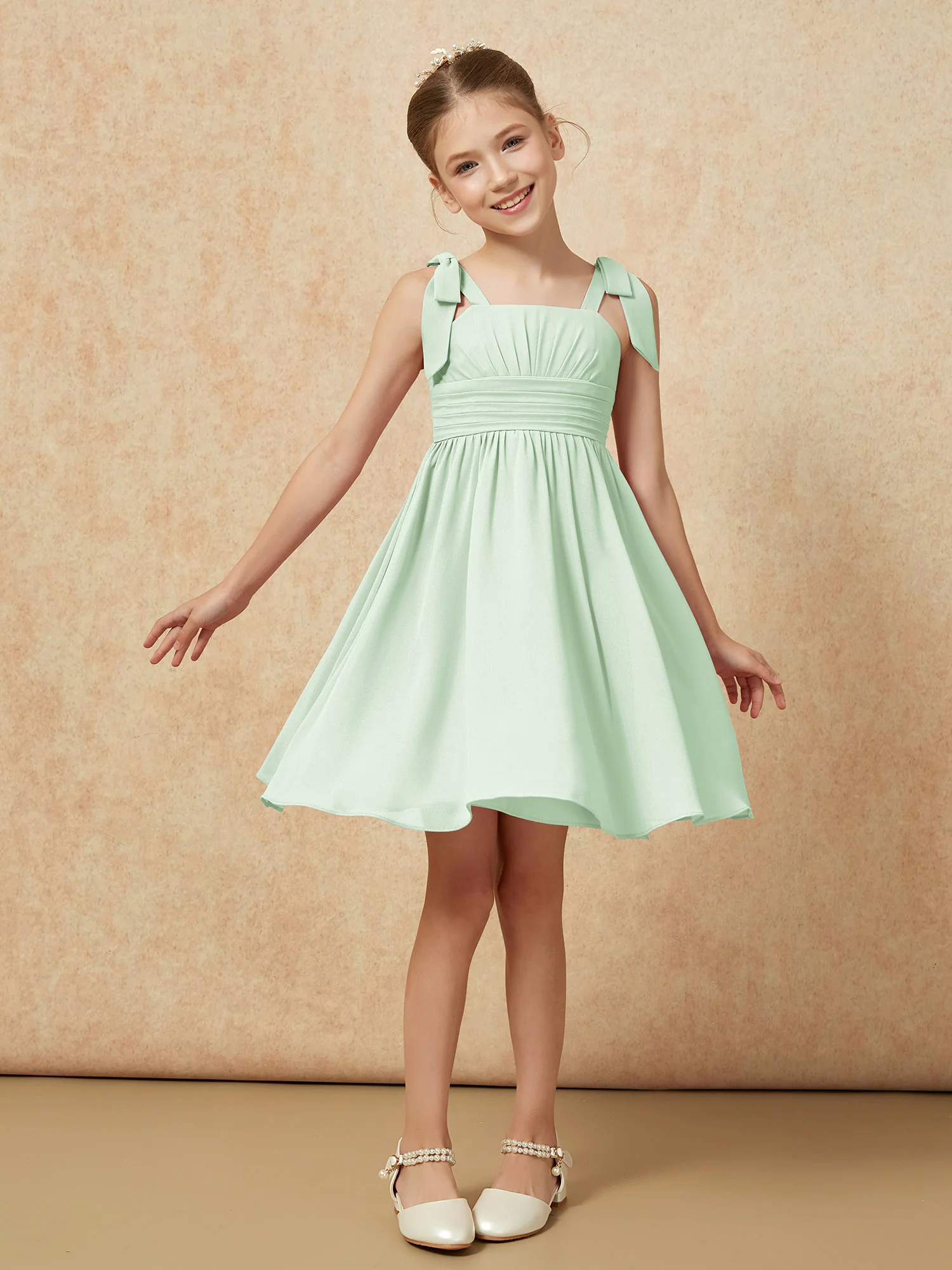 Bowknot Straps Knee-length Junior Bridesmaid Dresses Dusty Sage