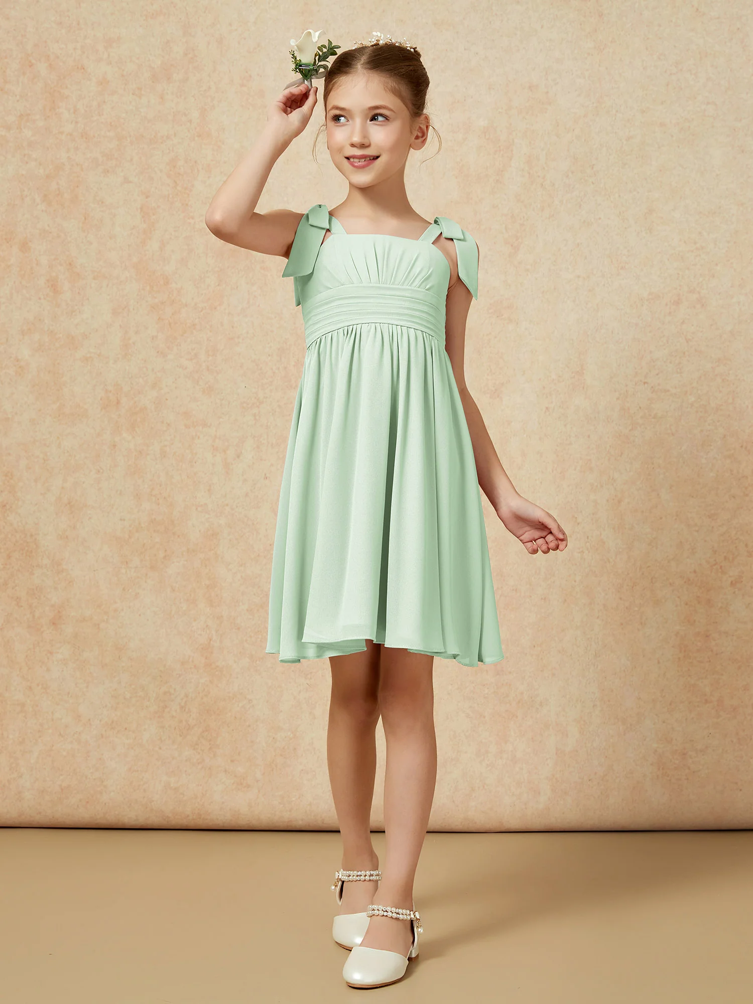 Bowknot Straps Knee-length Junior Bridesmaid Dresses Dusty Sage - Image 4