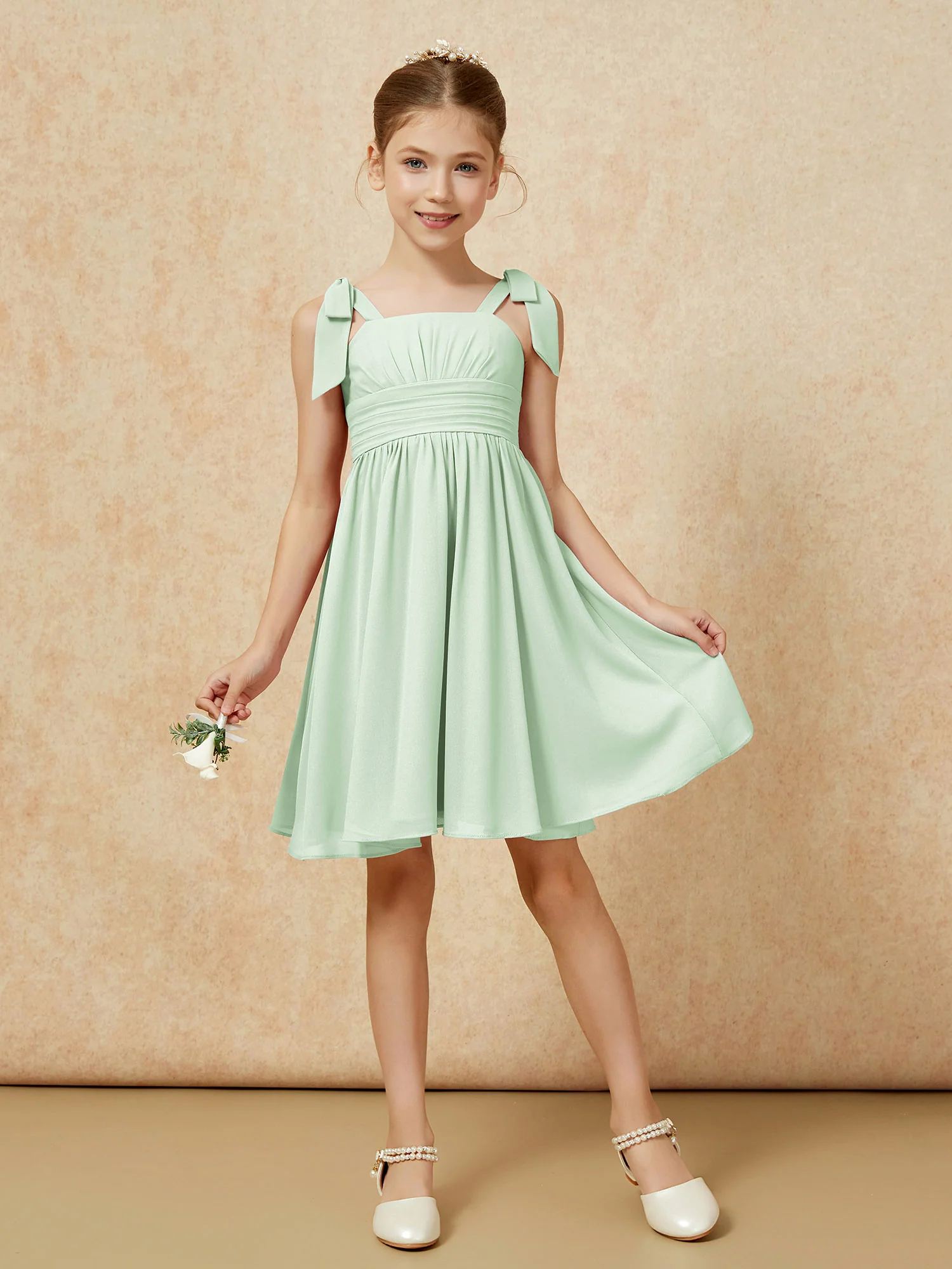 Bowknot Straps Knee-length Junior Bridesmaid Dresses Dusty Sage - Image 5