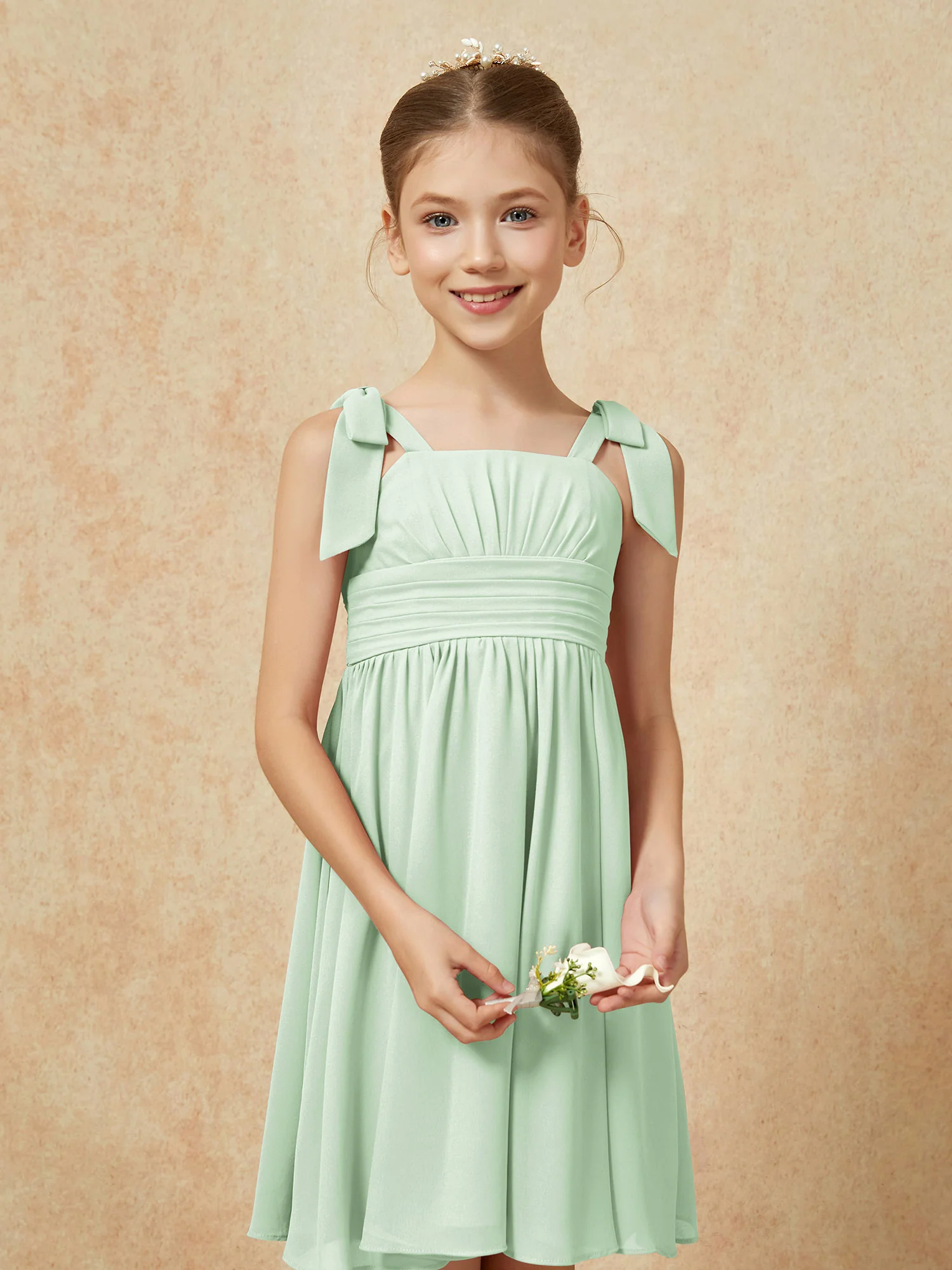 Bowknot Straps Knee-length Junior Bridesmaid Dresses Dusty Sage - Image 6