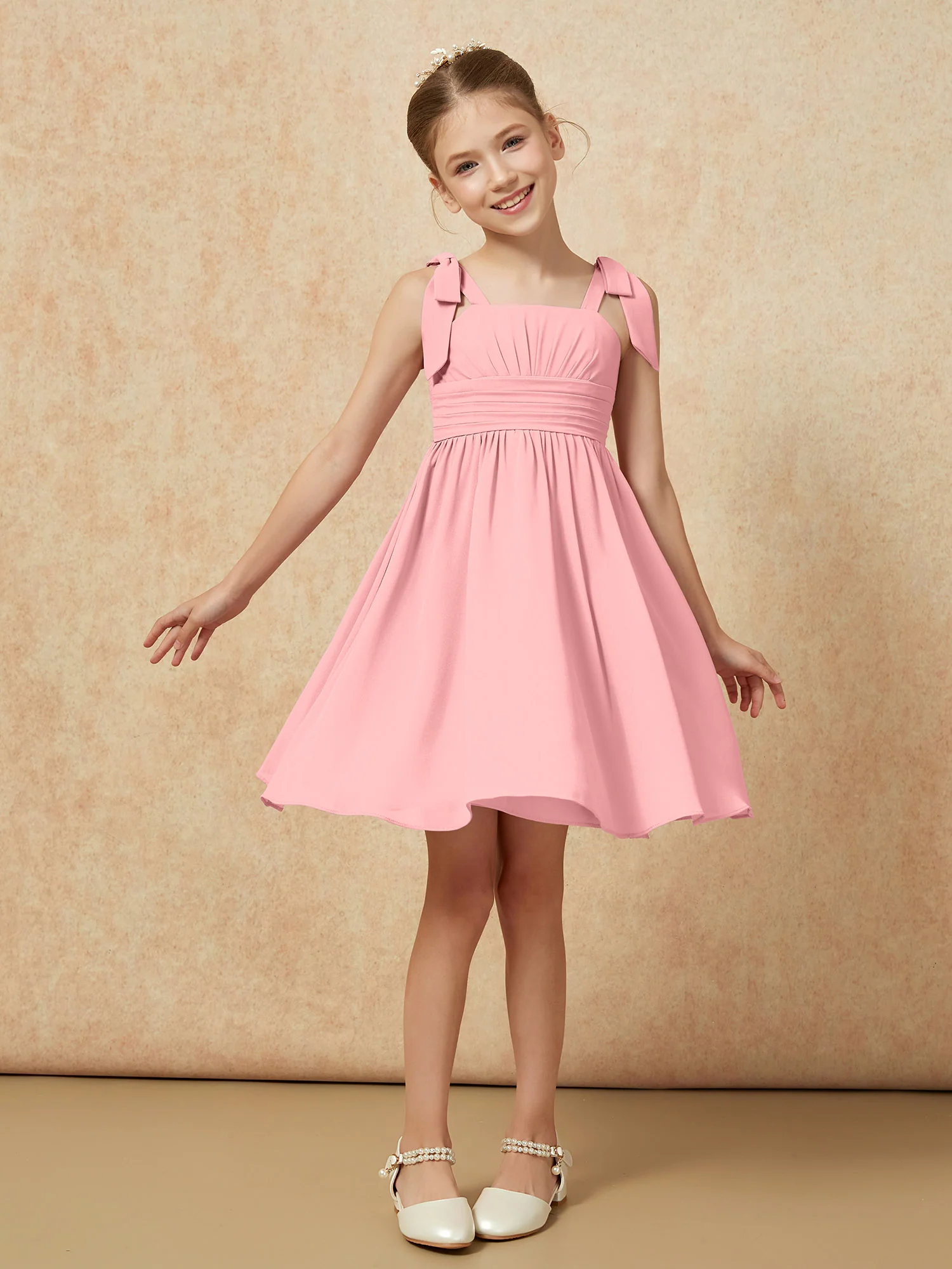 Bowknot Straps Knee-length Junior Bridesmaid Dresses Flamingo