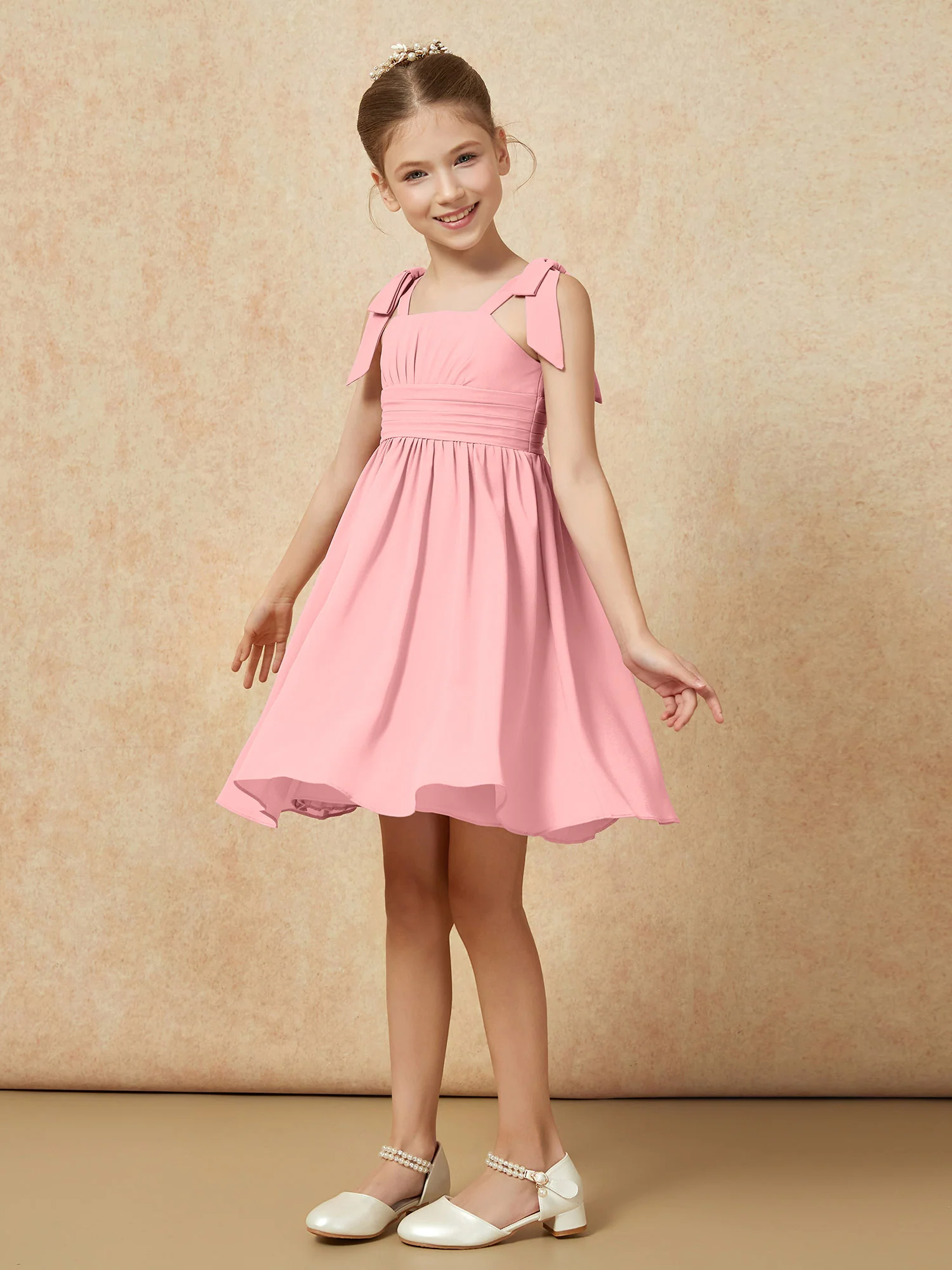 Bowknot Straps Knee-length Junior Bridesmaid Dresses Flamingo - Image 3