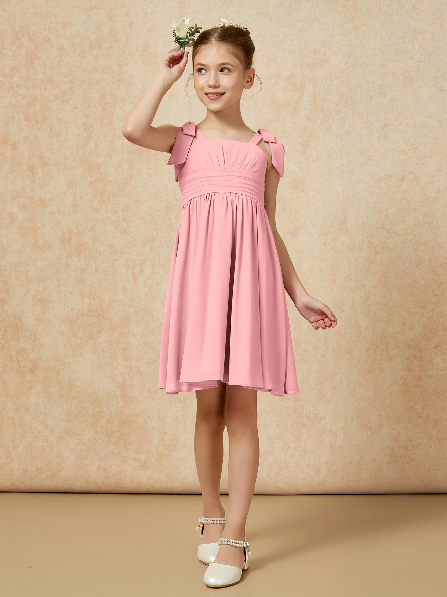 Bowknot Straps Knee-length Junior Bridesmaid Dresses Flamingo - Image 4