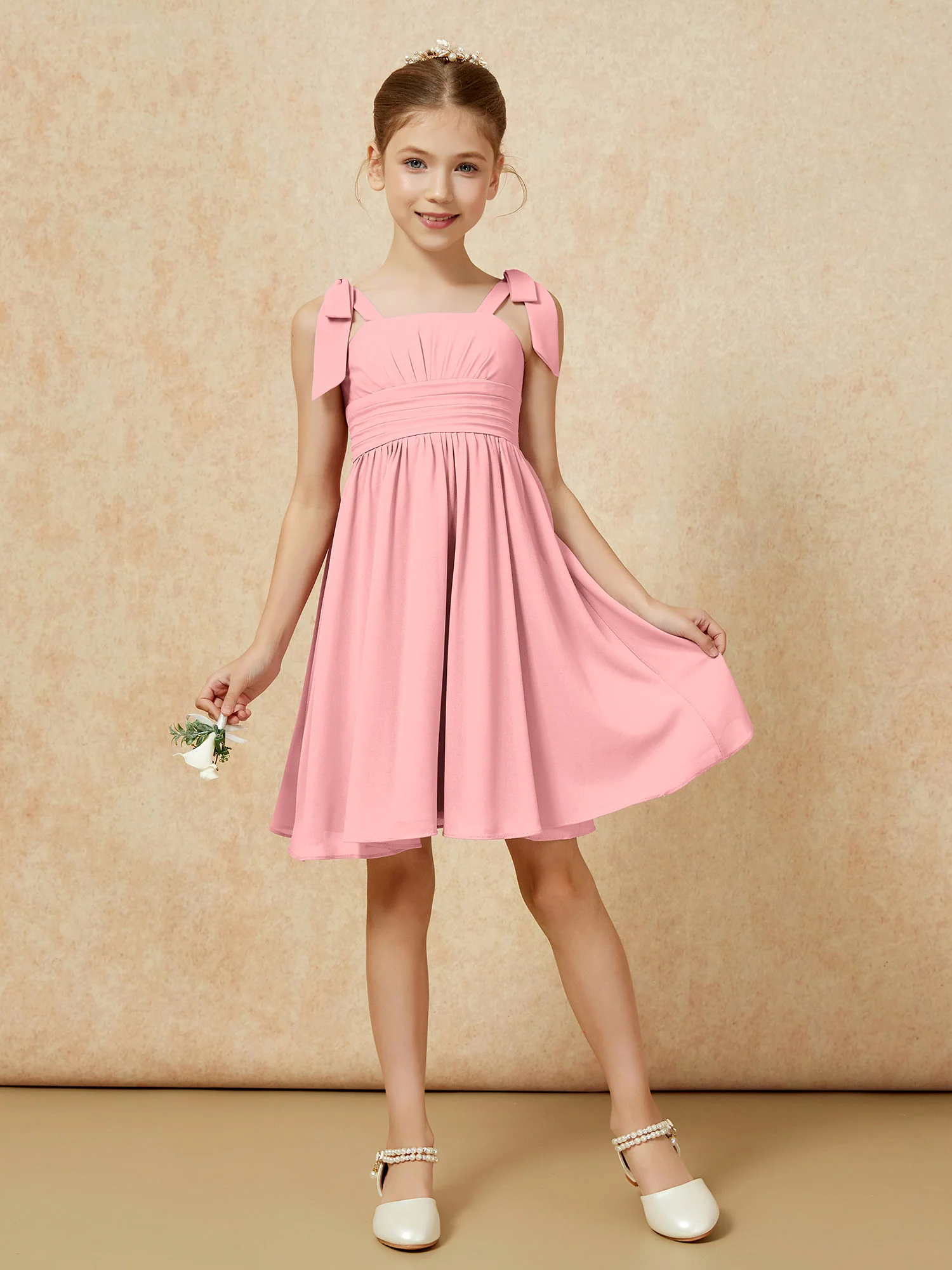 Bowknot Straps Knee-length Junior Bridesmaid Dresses Flamingo - Image 5