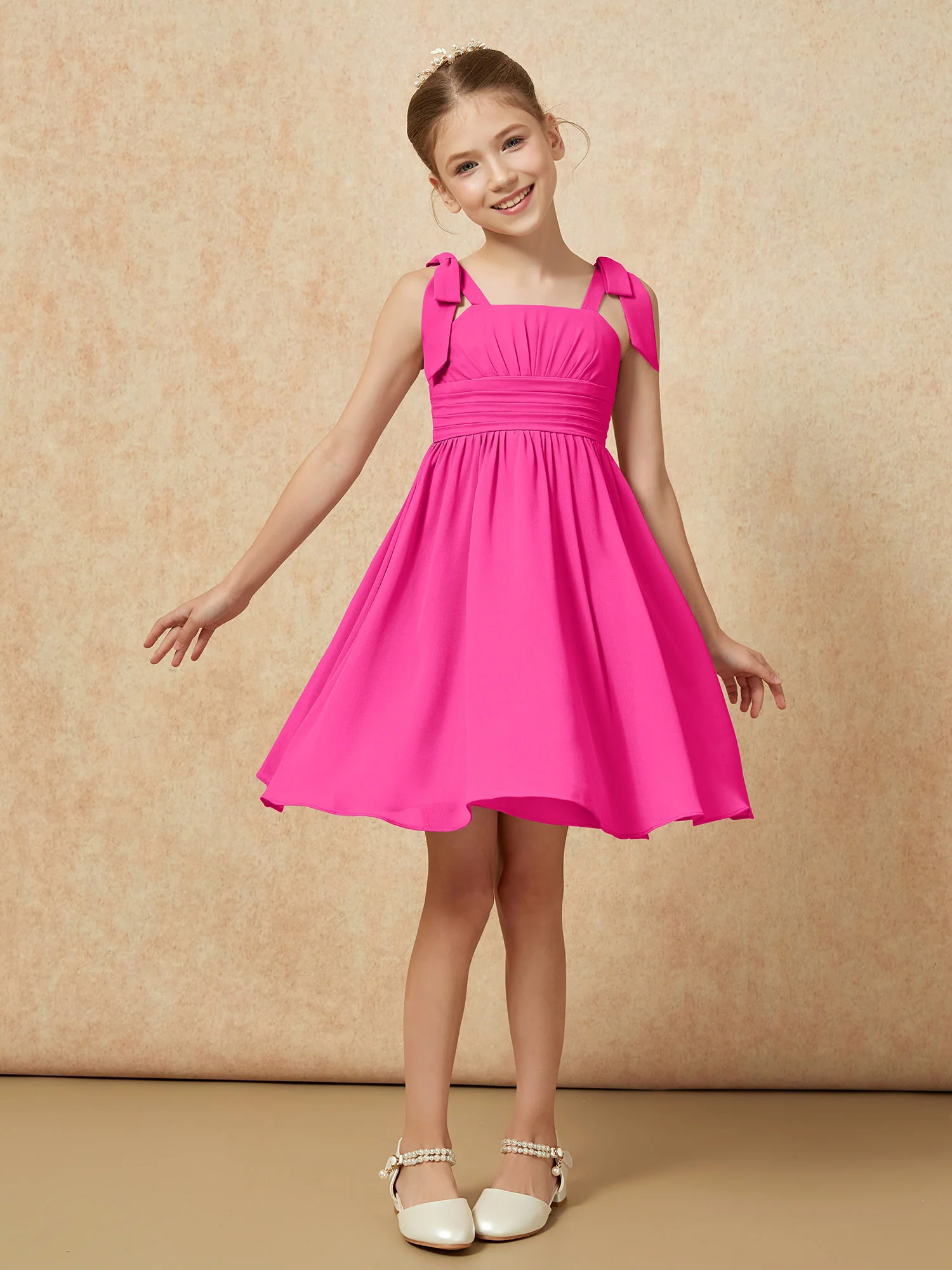 Bowknot Straps Knee-length Junior Bridesmaid Dresses Fuchsia