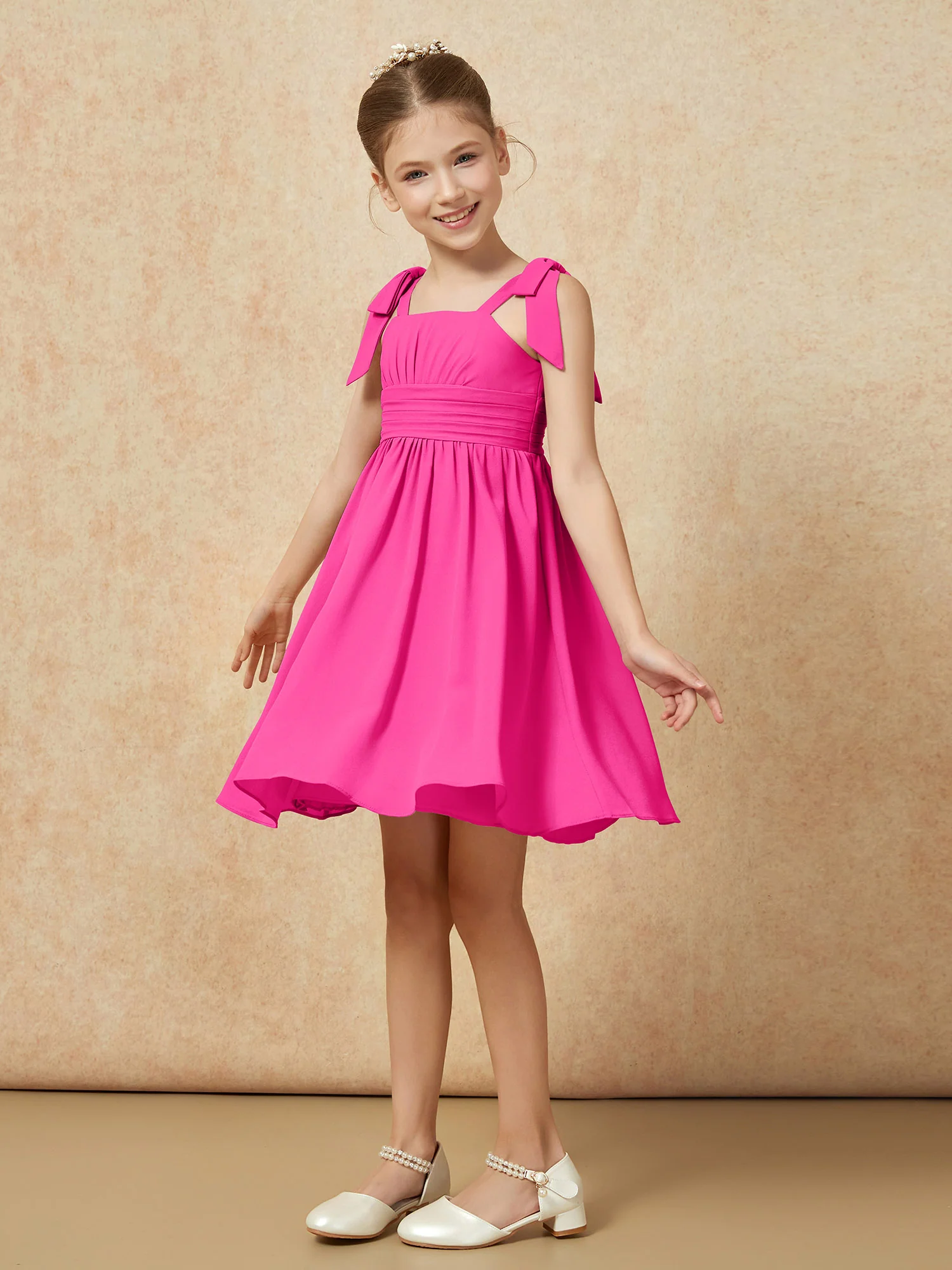 Bowknot Straps Knee-length Junior Bridesmaid Dresses Fuchsia - Image 3