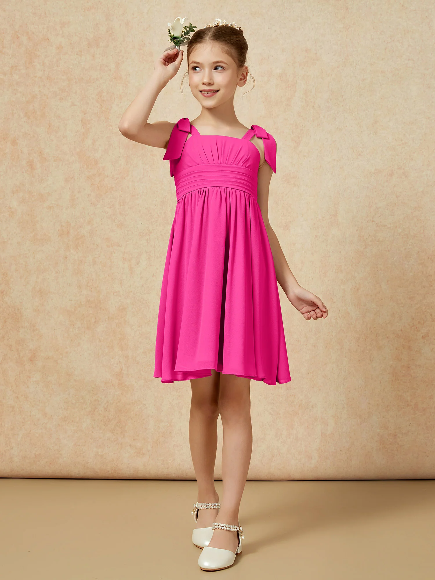 Bowknot Straps Knee-length Junior Bridesmaid Dresses Fuchsia - Image 4