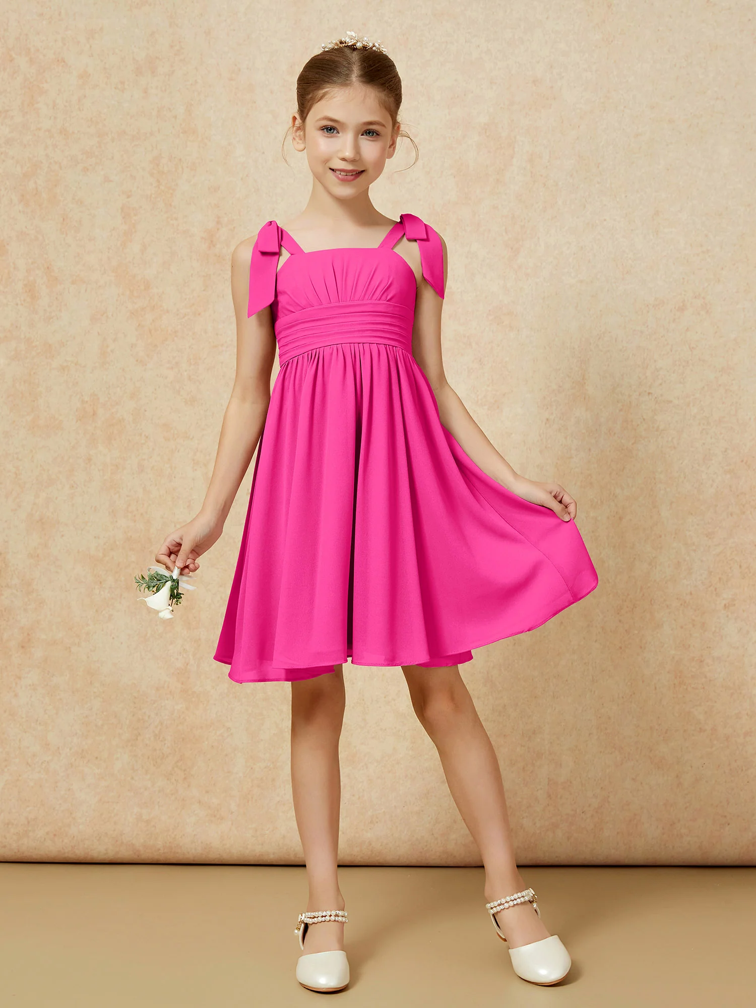 Bowknot Straps Knee-length Junior Bridesmaid Dresses Fuchsia - Image 5