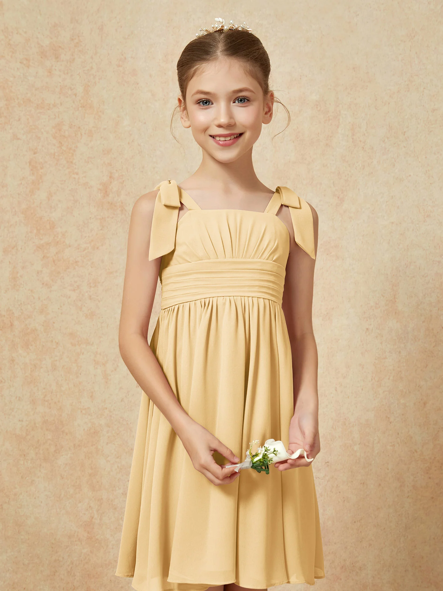 Bowknot Straps Knee-length Junior Bridesmaid Dresses Gold - Image 6