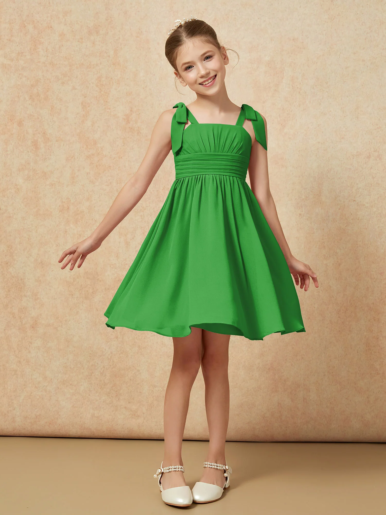 Bowknot Straps Knee-length Junior Bridesmaid Dresses Green