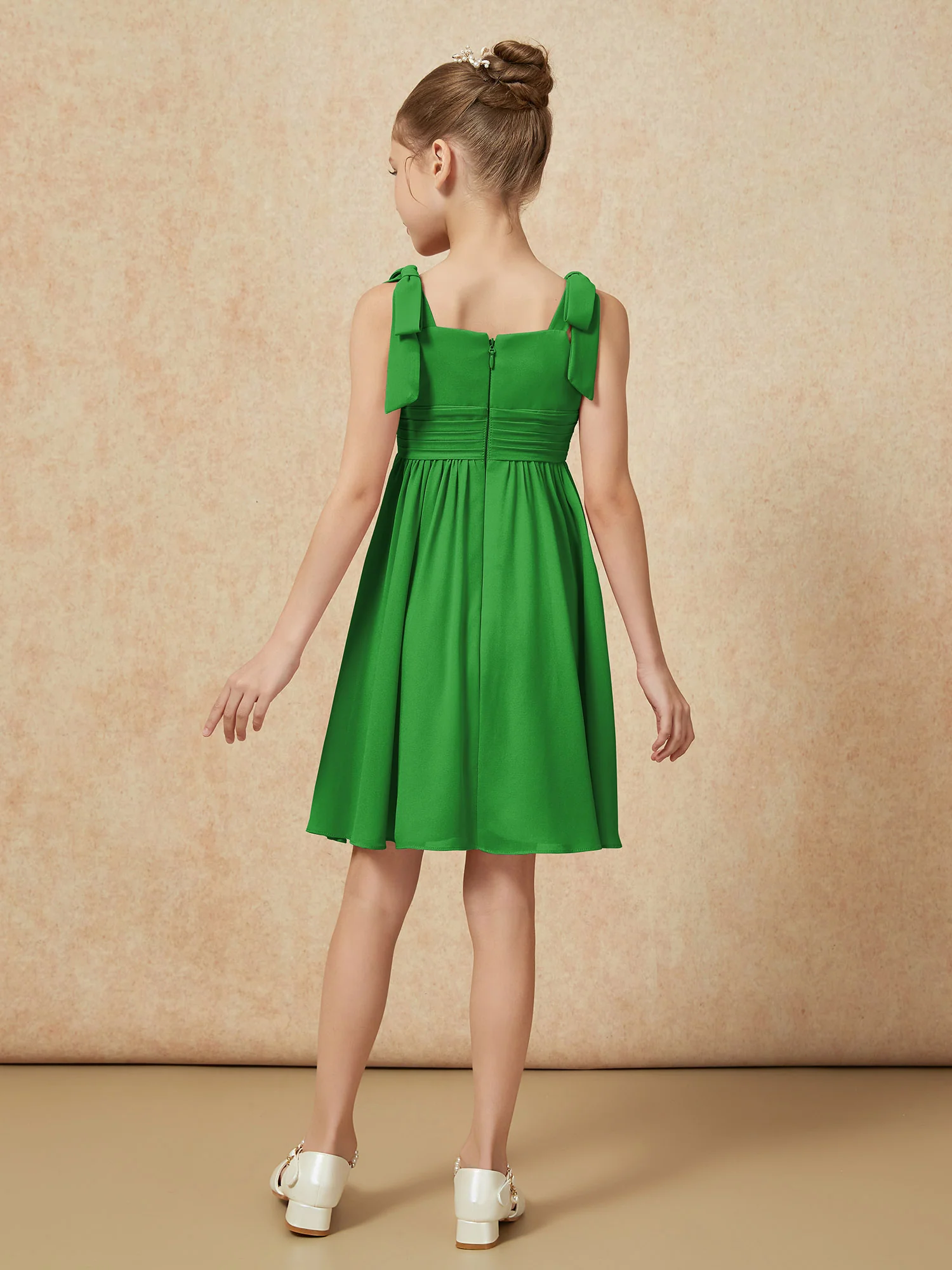 Bowknot Straps Knee-length Junior Bridesmaid Dresses Green - Image 2