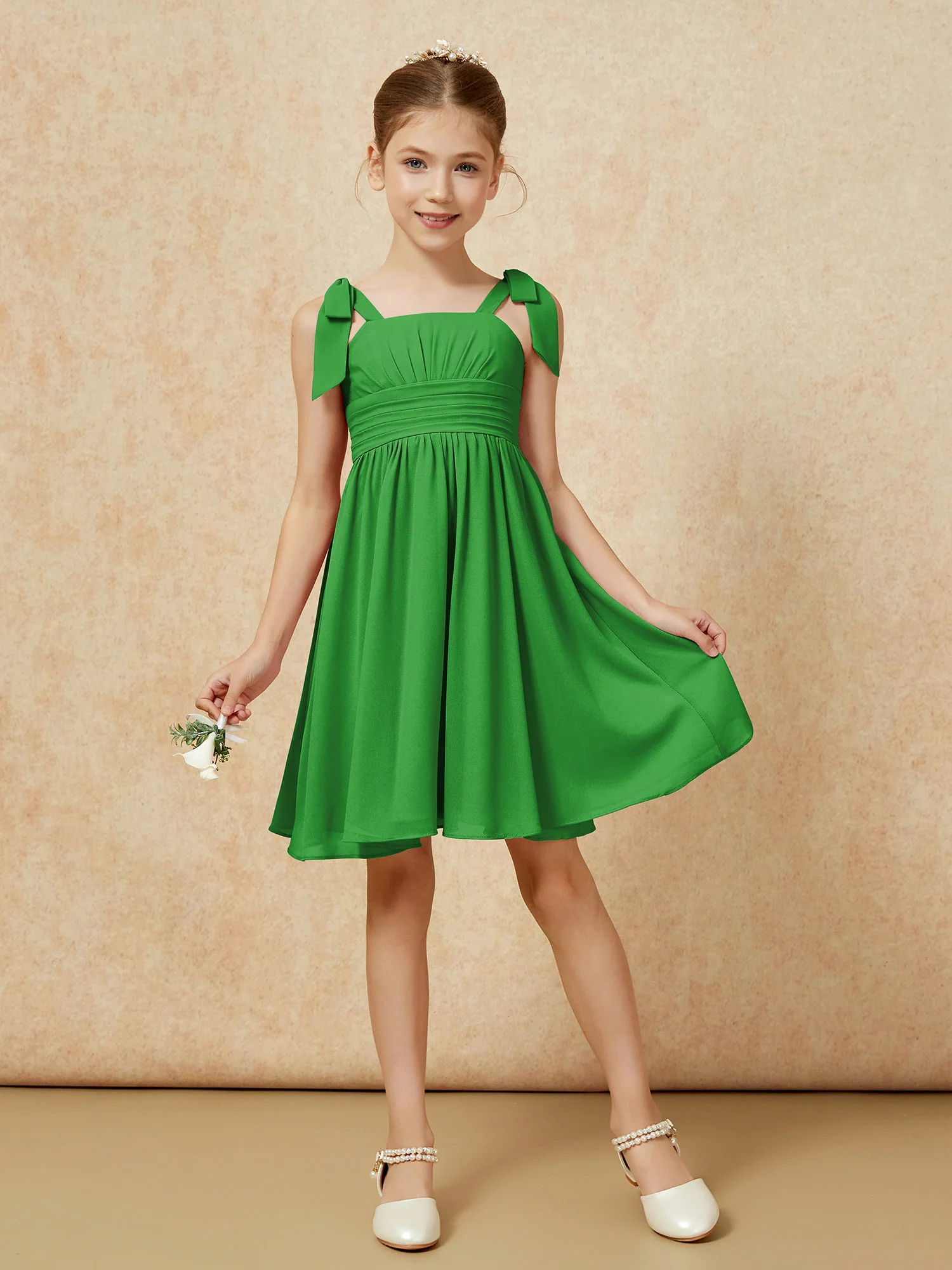 Bowknot Straps Knee-length Junior Bridesmaid Dresses Green - Image 5