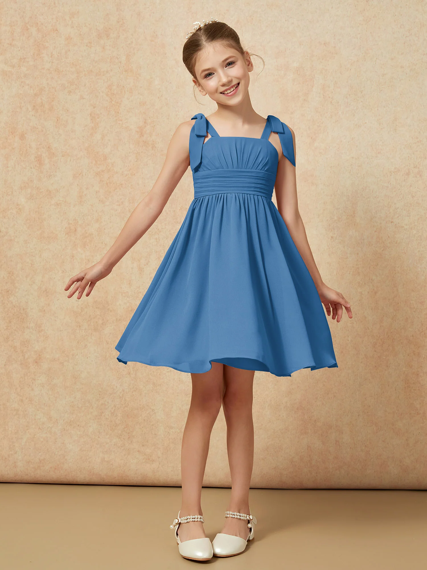 Bowknot Straps Knee-length Junior Bridesmaid Dresses Ink Blue