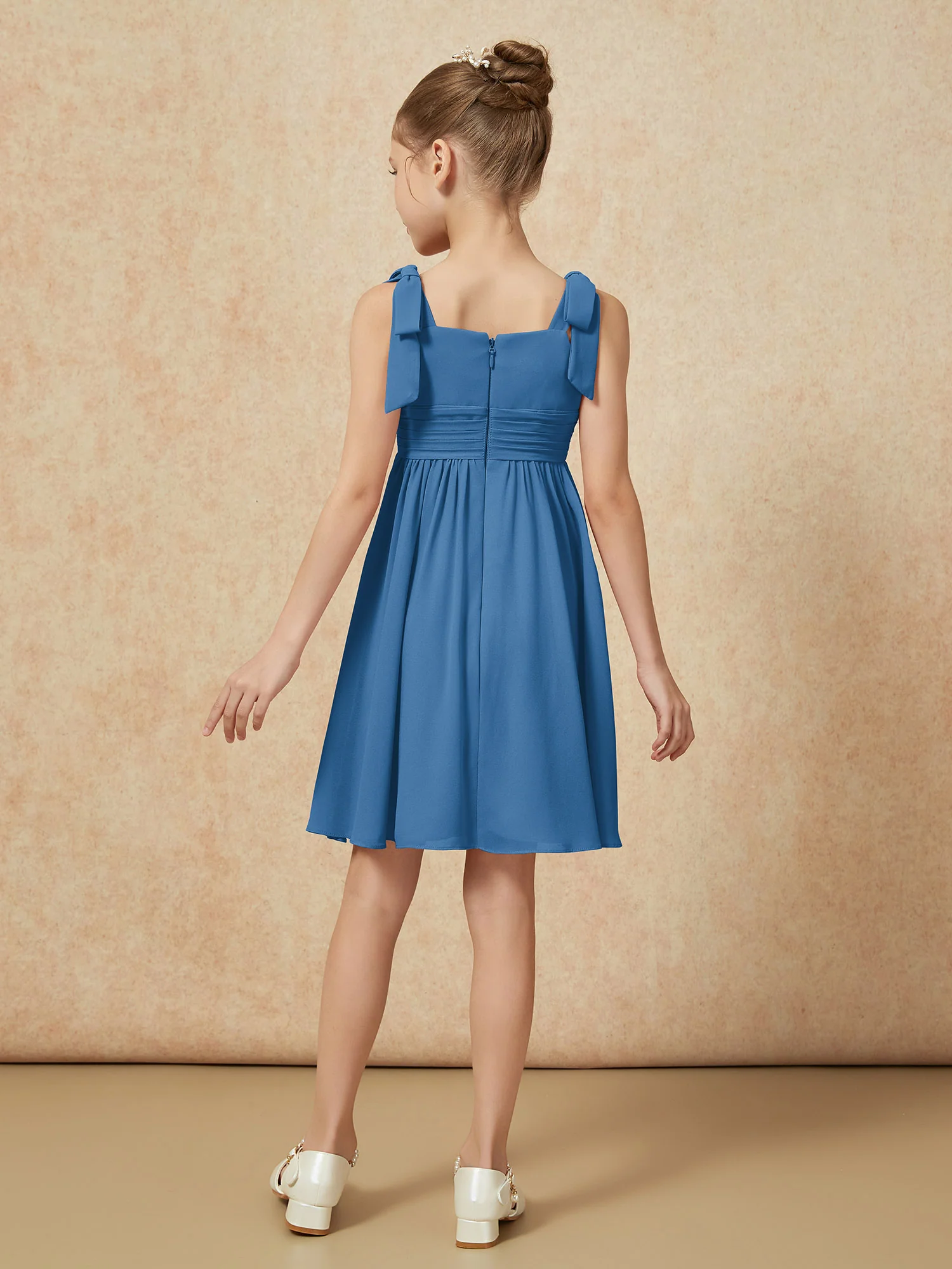 Bowknot Straps Knee-length Junior Bridesmaid Dresses Ink Blue - Image 2