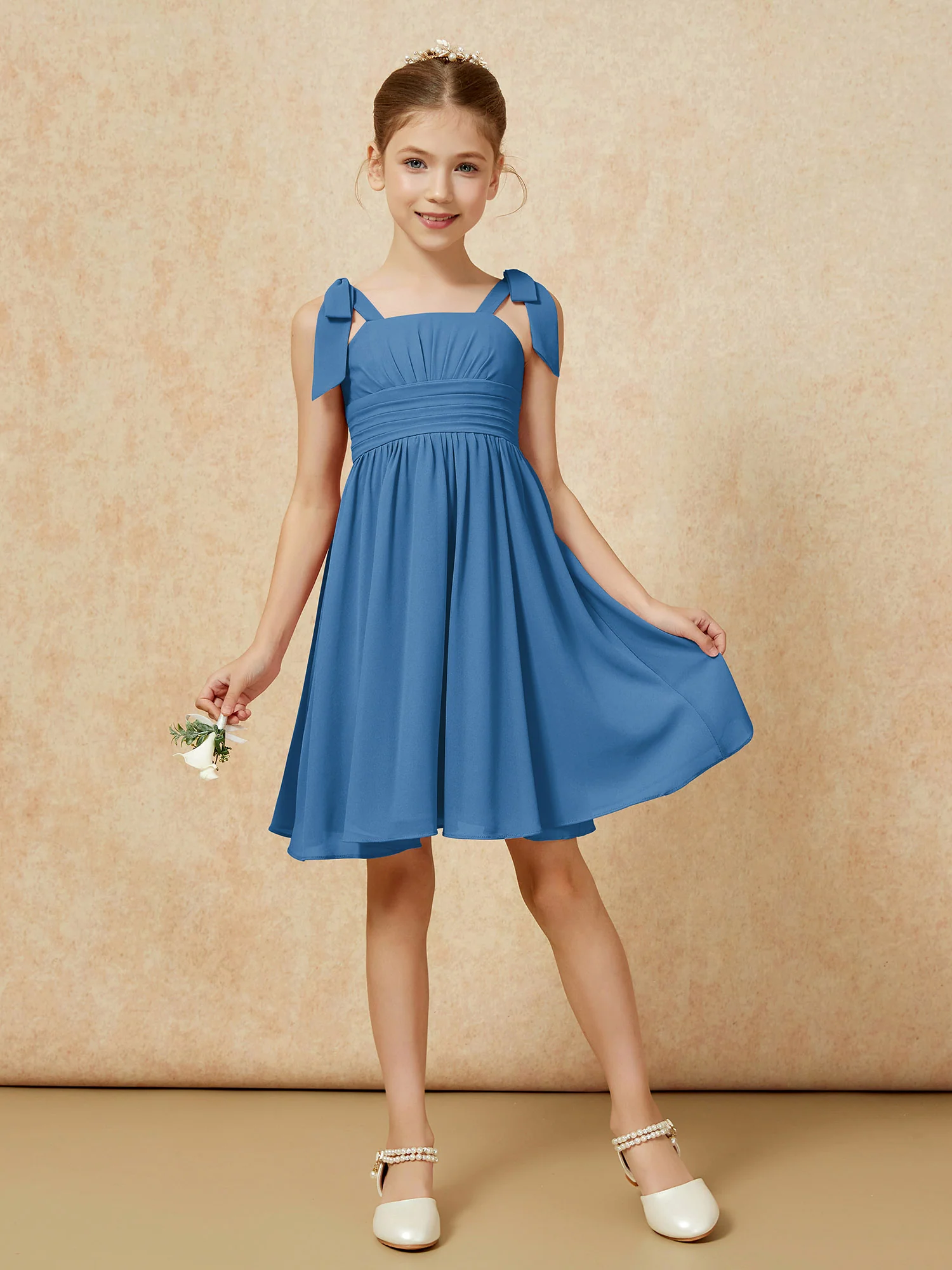 Bowknot Straps Knee-length Junior Bridesmaid Dresses Ink Blue - Image 5