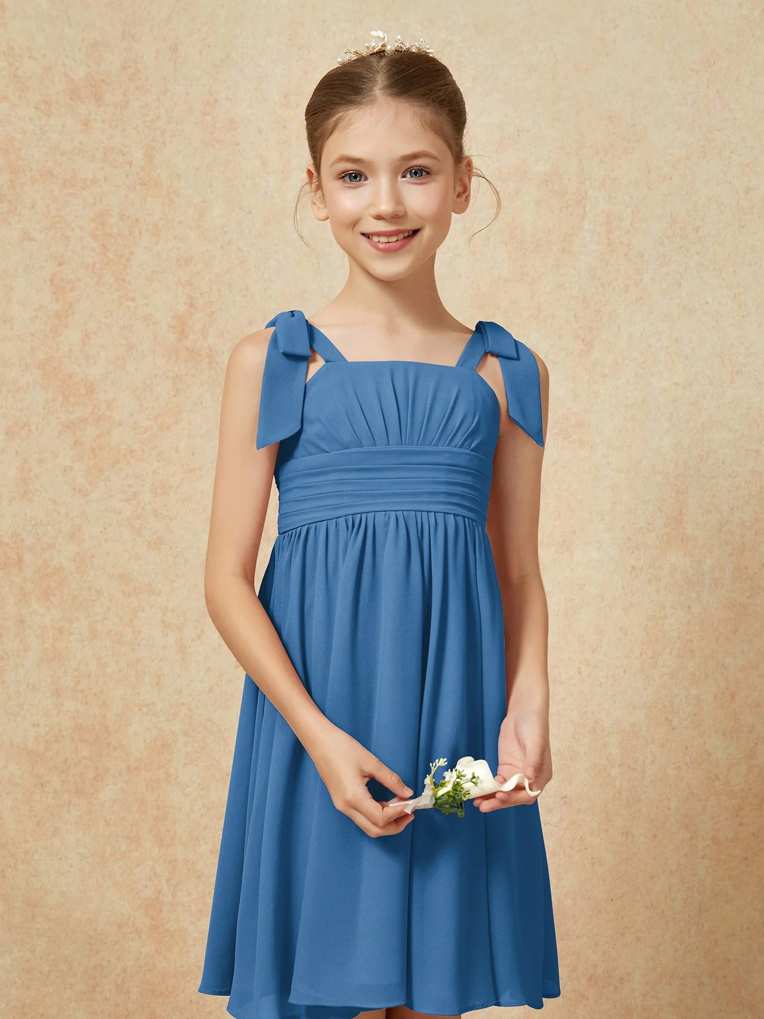 Bowknot Straps Knee-length Junior Bridesmaid Dresses Ink Blue - Image 6