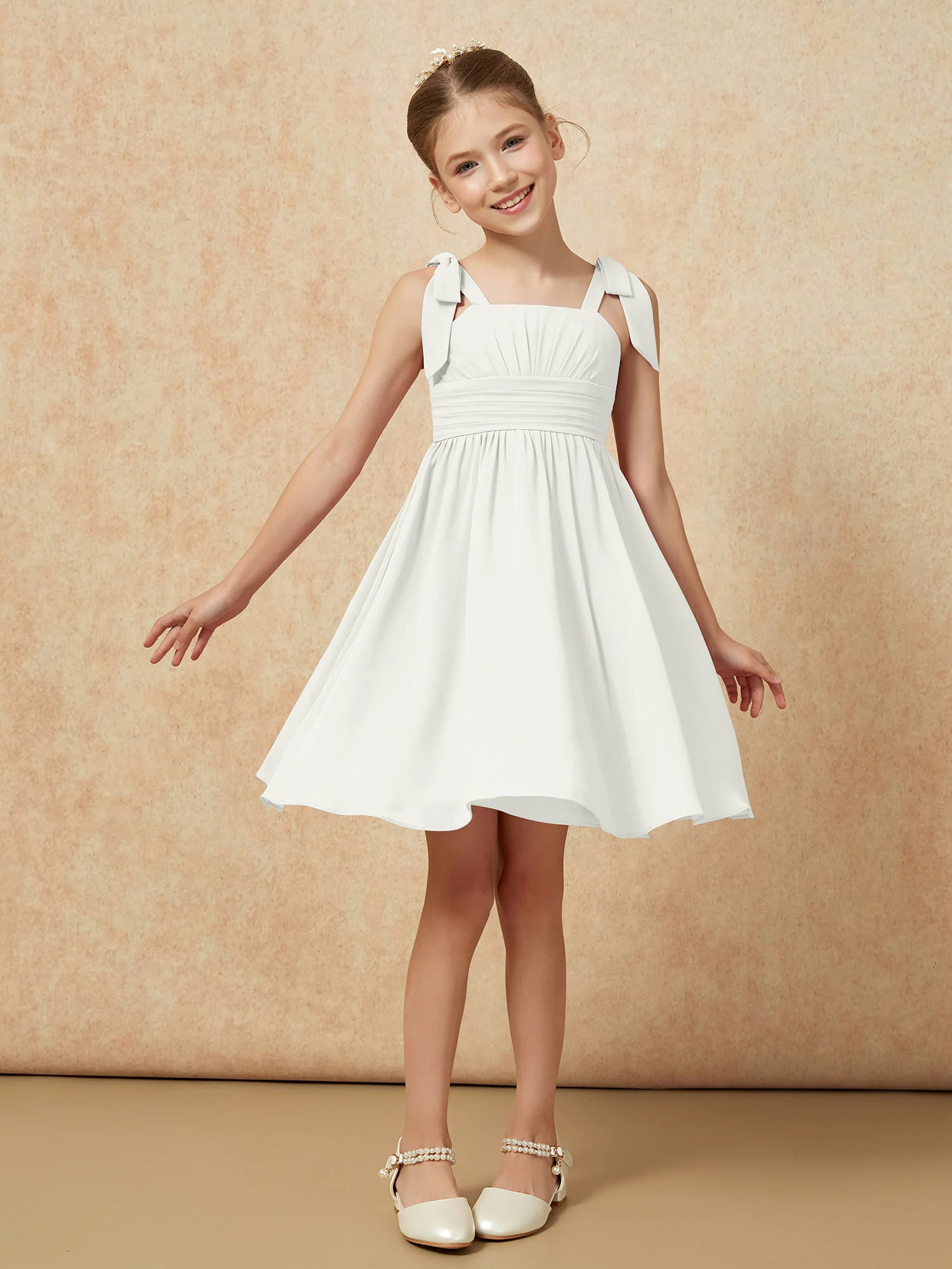Bowknot Straps Knee-length Junior Bridesmaid Dresses Ivory