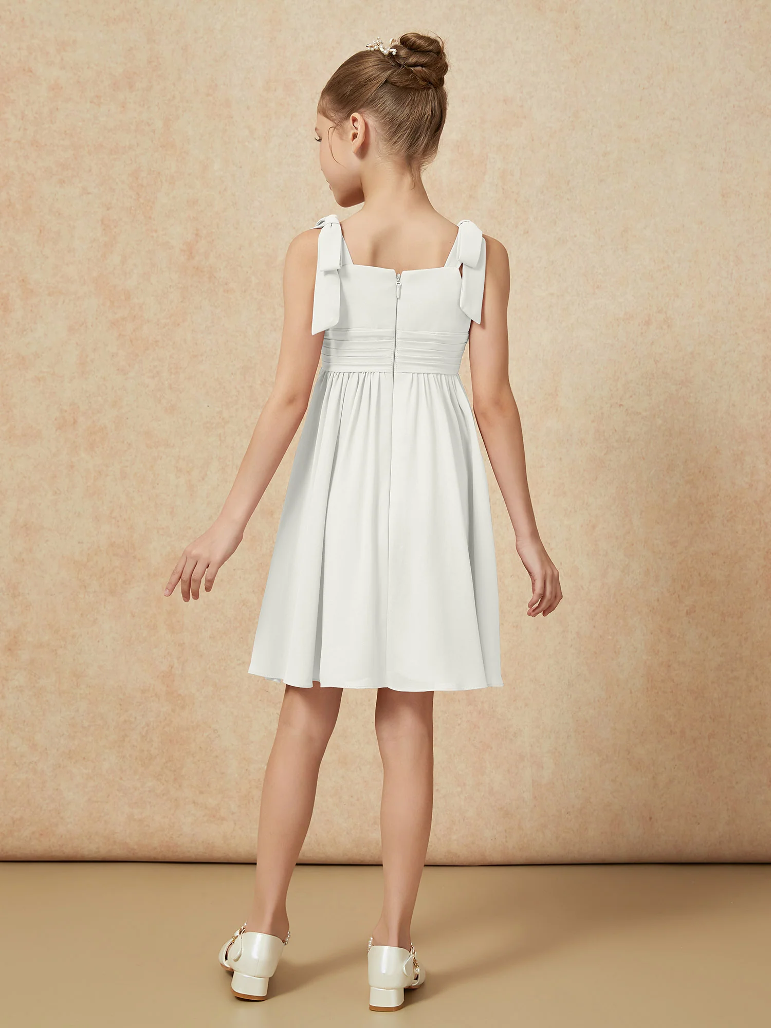 Bowknot Straps Knee-length Junior Bridesmaid Dresses Ivory - Image 2