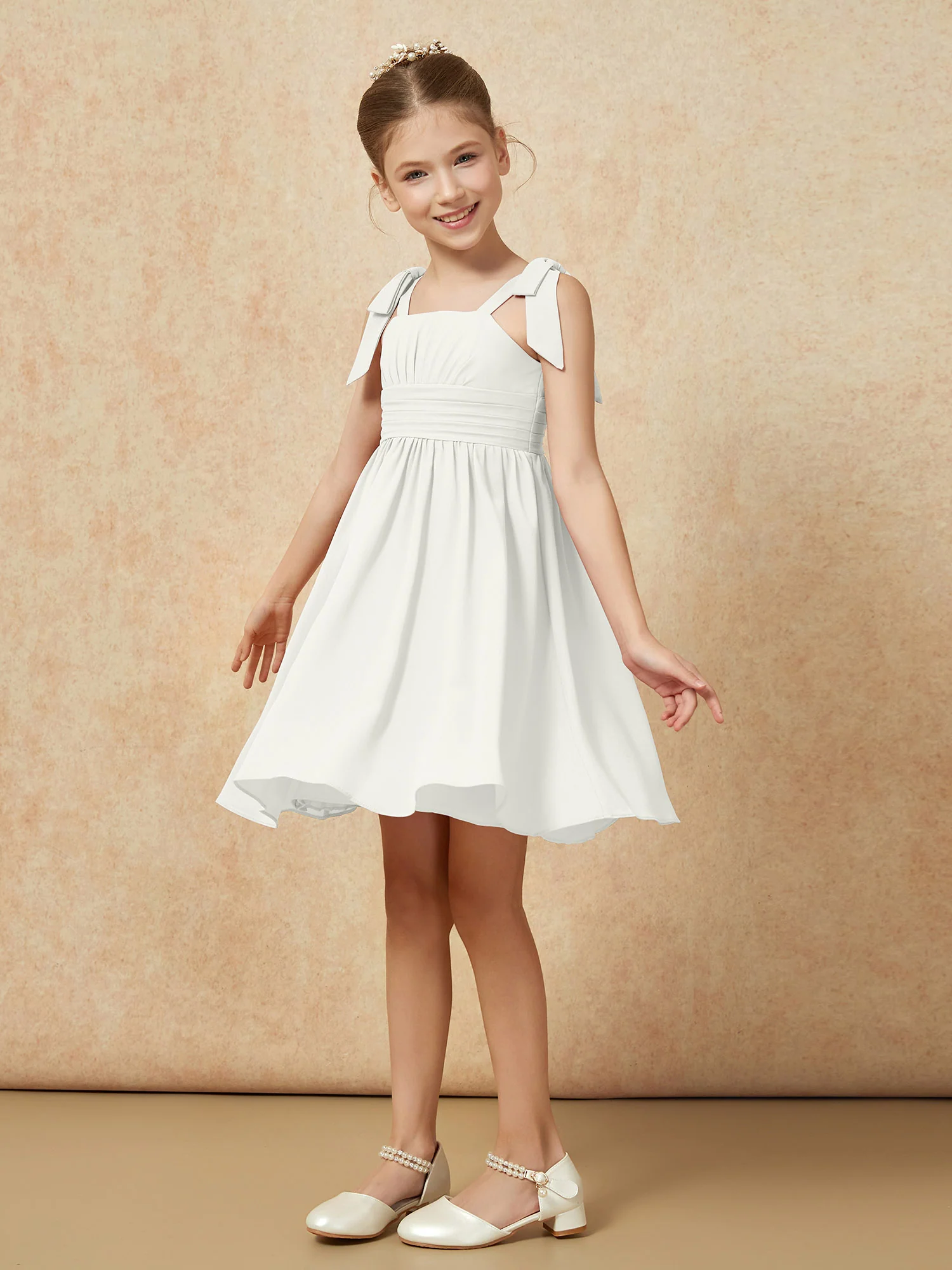 Bowknot Straps Knee-length Junior Bridesmaid Dresses Ivory - Image 3