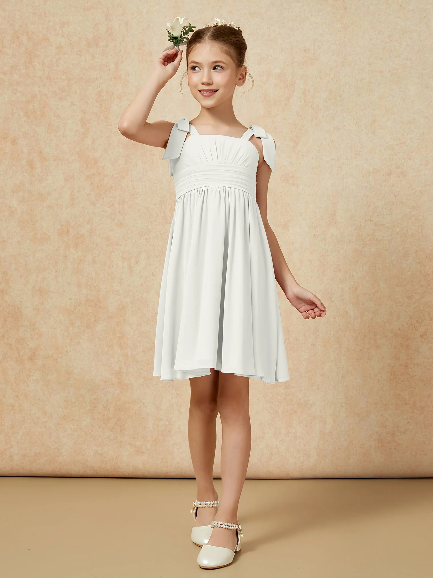 Bowknot Straps Knee-length Junior Bridesmaid Dresses Ivory - Image 4