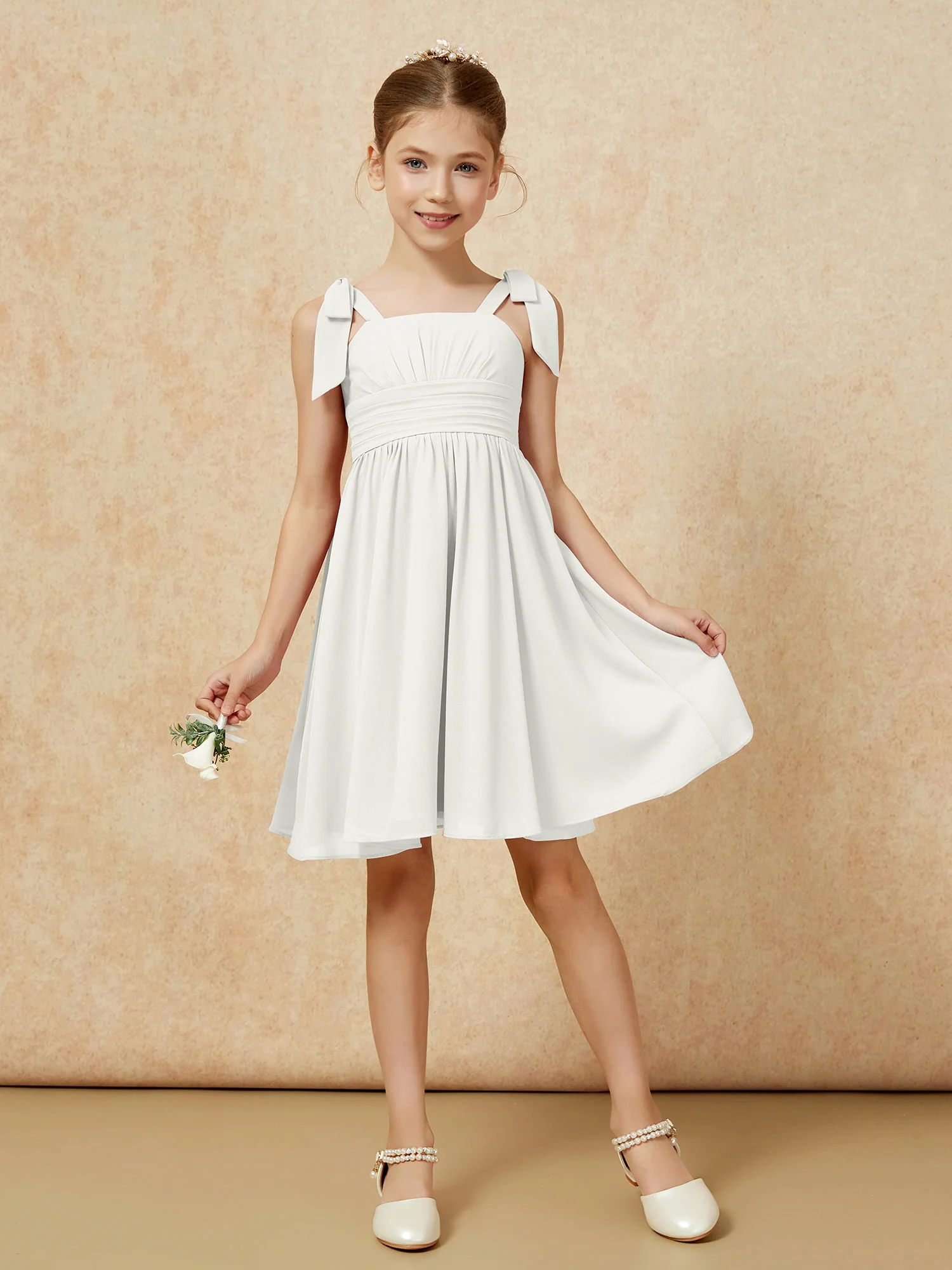 Bowknot Straps Knee-length Junior Bridesmaid Dresses Ivory - Image 5
