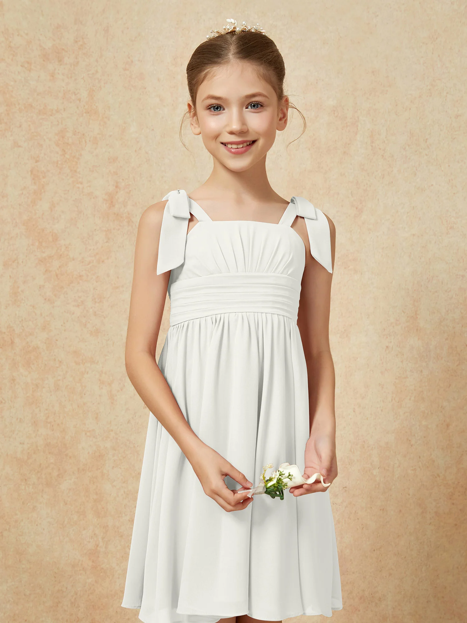 Bowknot Straps Knee-length Junior Bridesmaid Dresses Ivory - Image 6