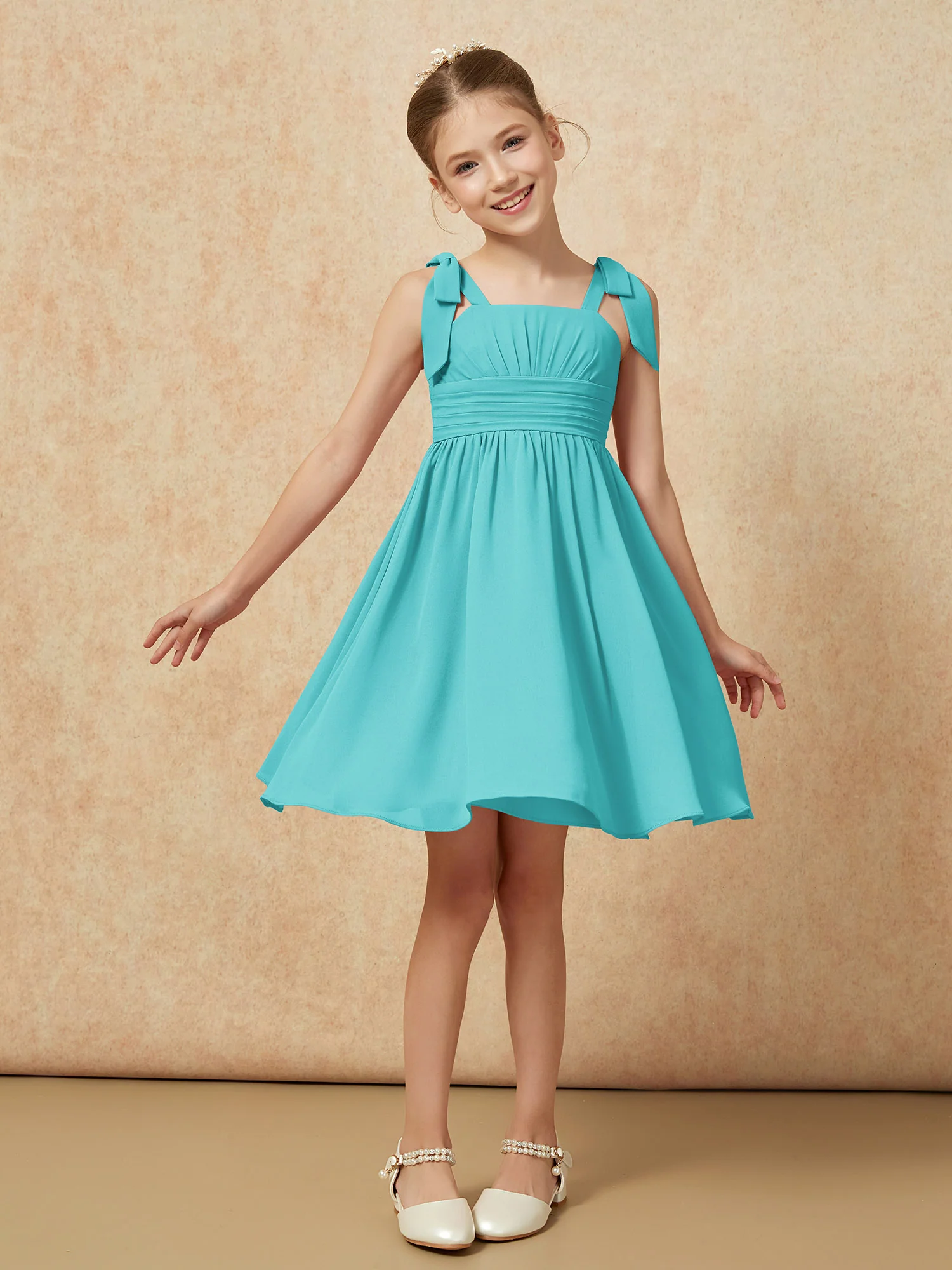 Bowknot Straps Knee-length Junior Bridesmaid Dresses Jade