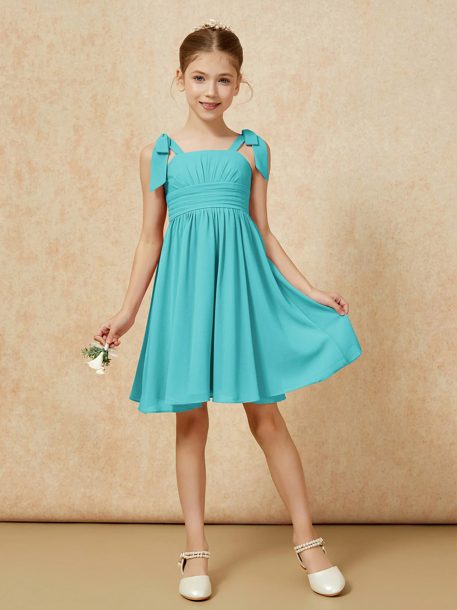 Bowknot Straps Knee-length Junior Bridesmaid Dresses Jade - Image 5