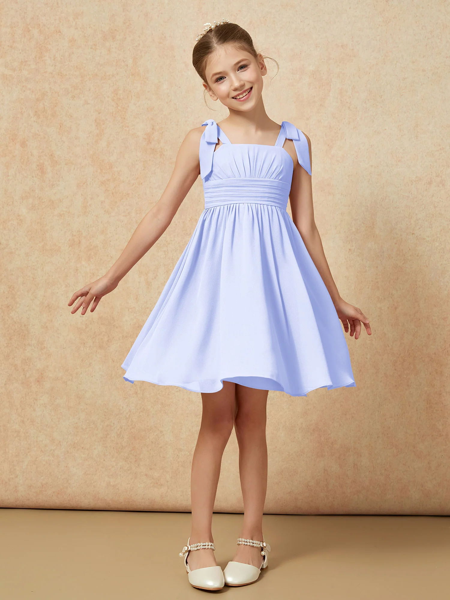 Bowknot Straps Knee-length Junior Bridesmaid Dresses Lavender