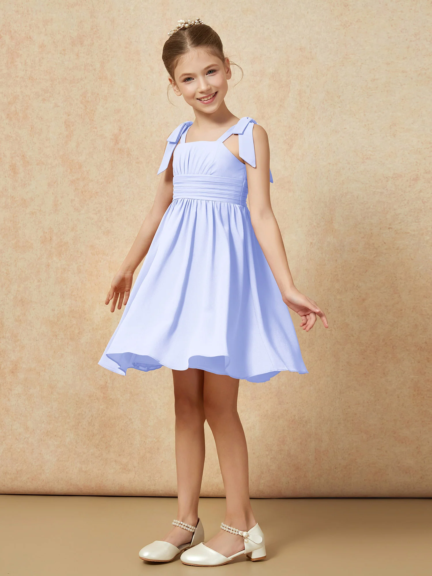 Bowknot Straps Knee-length Junior Bridesmaid Dresses Lavender - Image 3