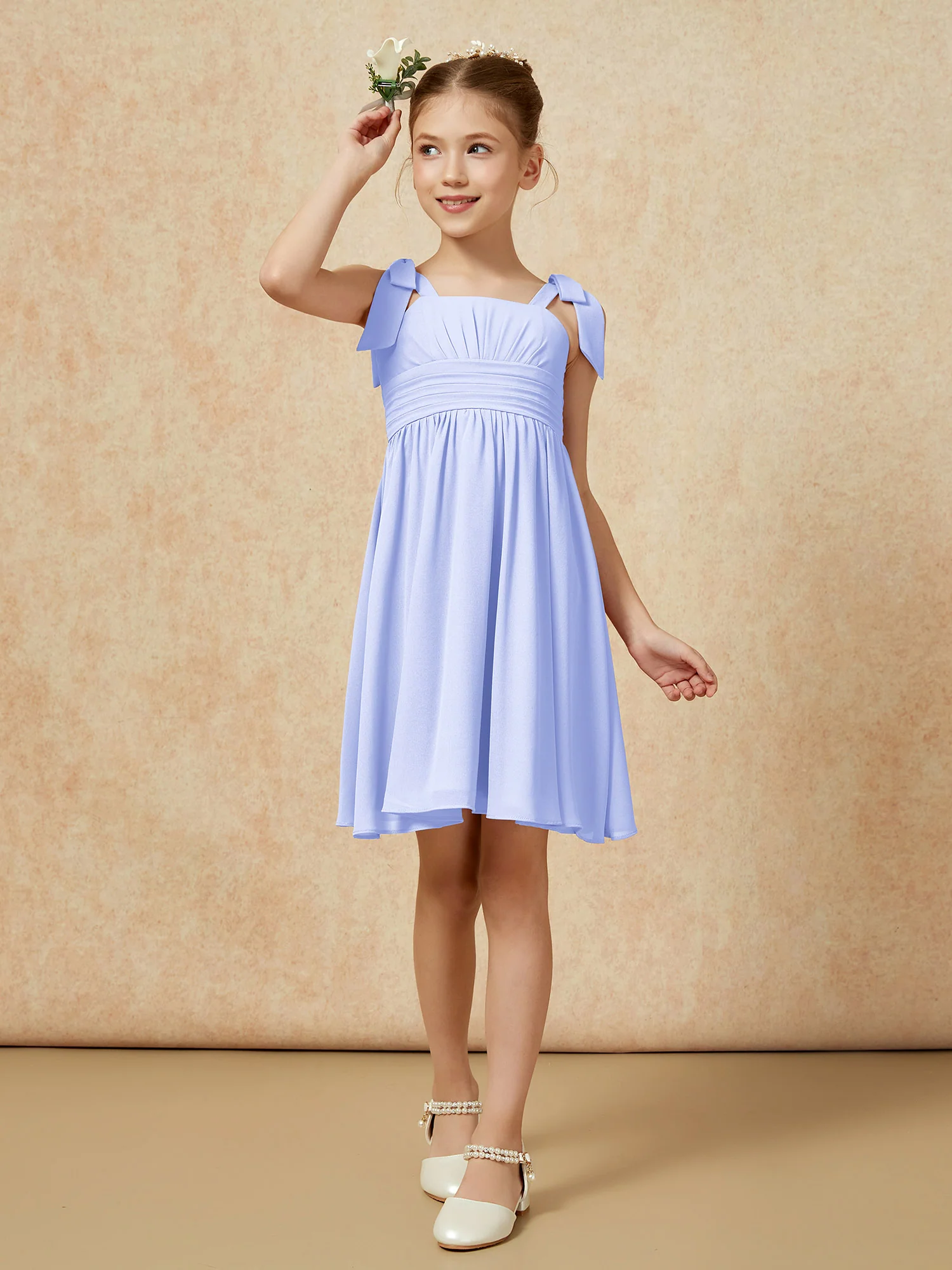 Bowknot Straps Knee-length Junior Bridesmaid Dresses Lavender - Image 4