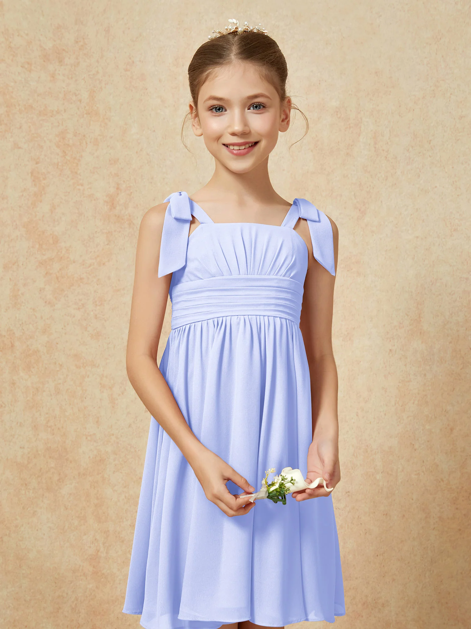 Bowknot Straps Knee-length Junior Bridesmaid Dresses Lavender - Image 6