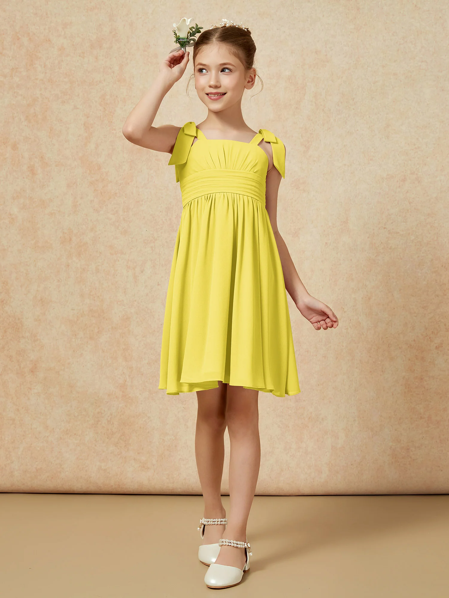 Bowknot Straps Knee-length Junior Bridesmaid Dresses Lemon - Image 4