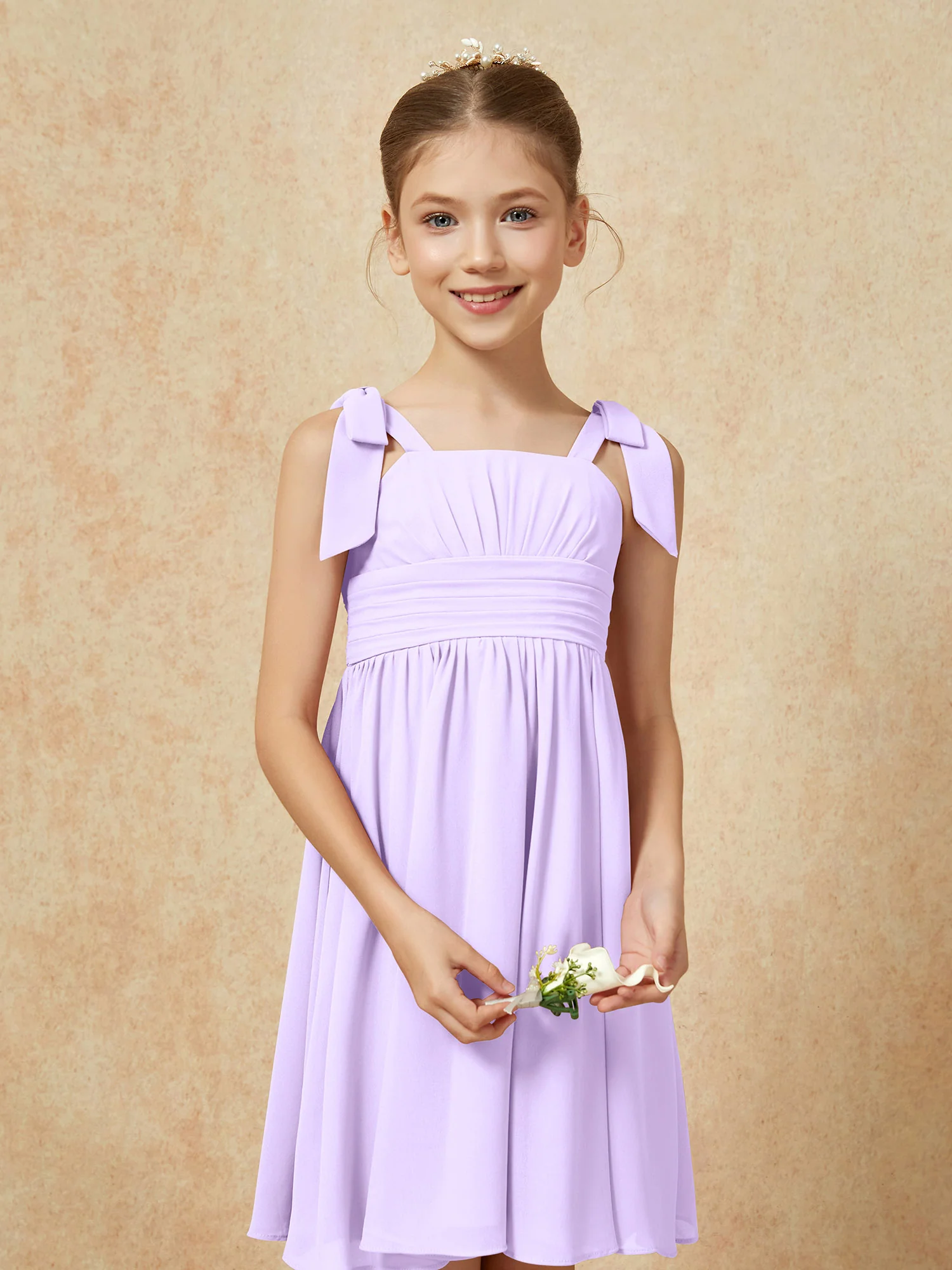 Bowknot Straps Knee-length Junior Bridesmaid Dresses Lilac - Image 6