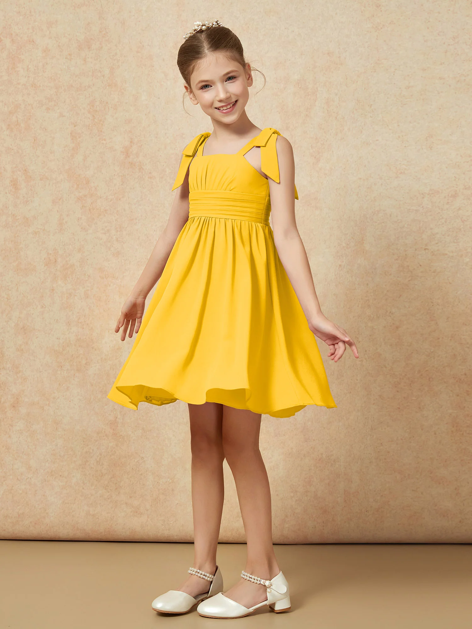 Bowknot Straps Knee-length Junior Bridesmaid Dresses Marigold - Image 3