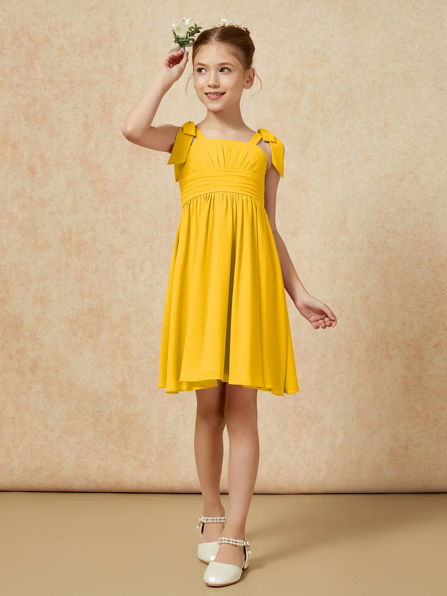Bowknot Straps Knee-length Junior Bridesmaid Dresses Marigold - Image 4