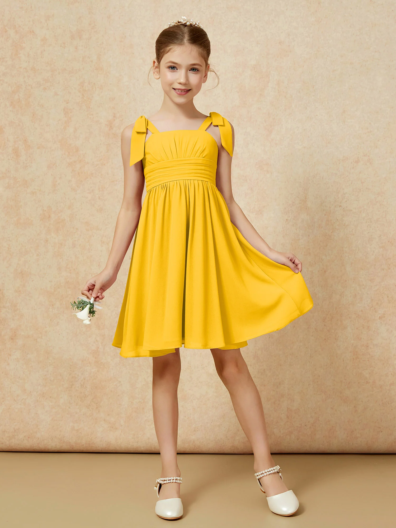 Bowknot Straps Knee-length Junior Bridesmaid Dresses Marigold - Image 5