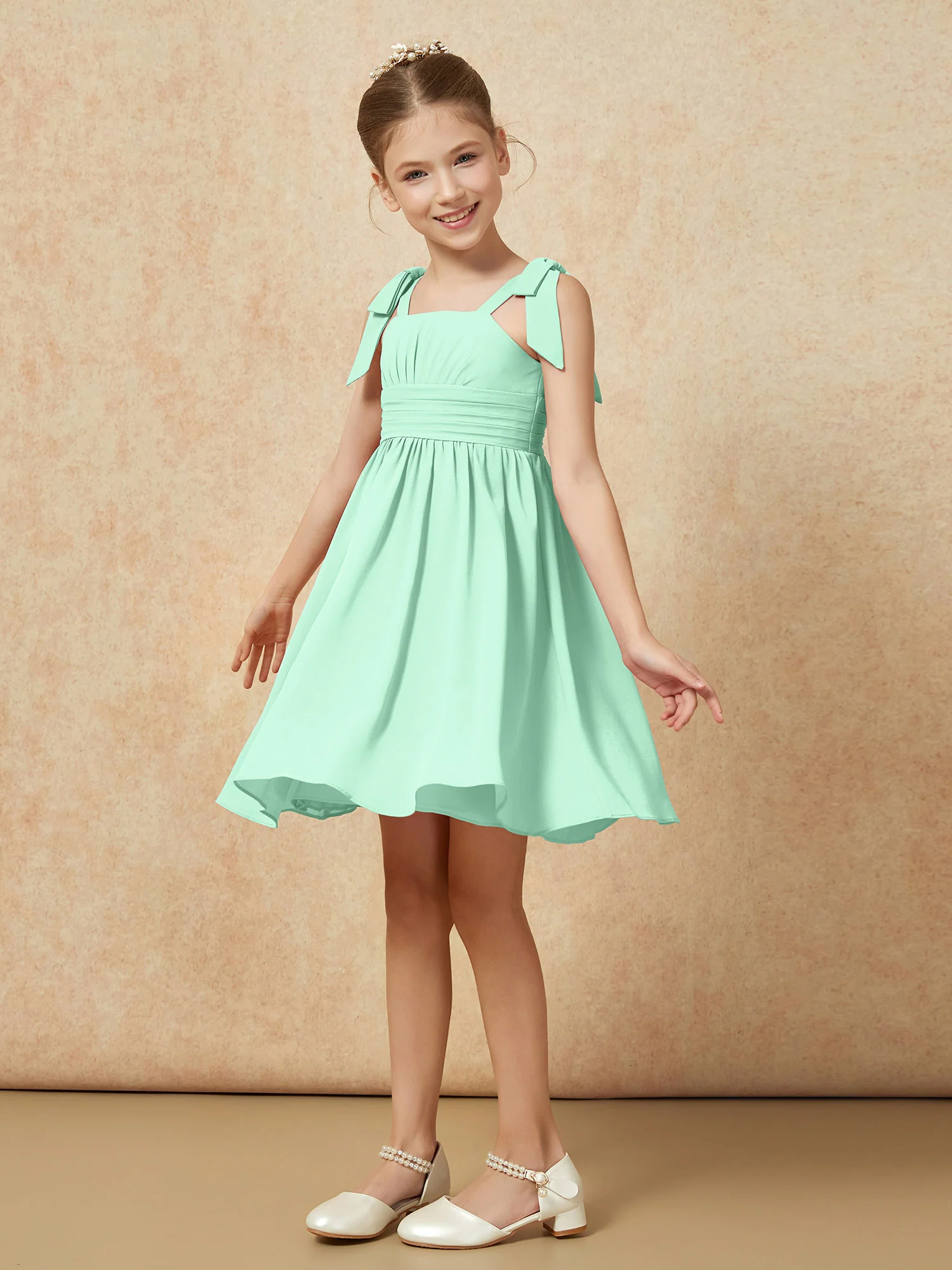 Bowknot Straps Knee-length Junior Bridesmaid Dresses Mint Green - Image 3