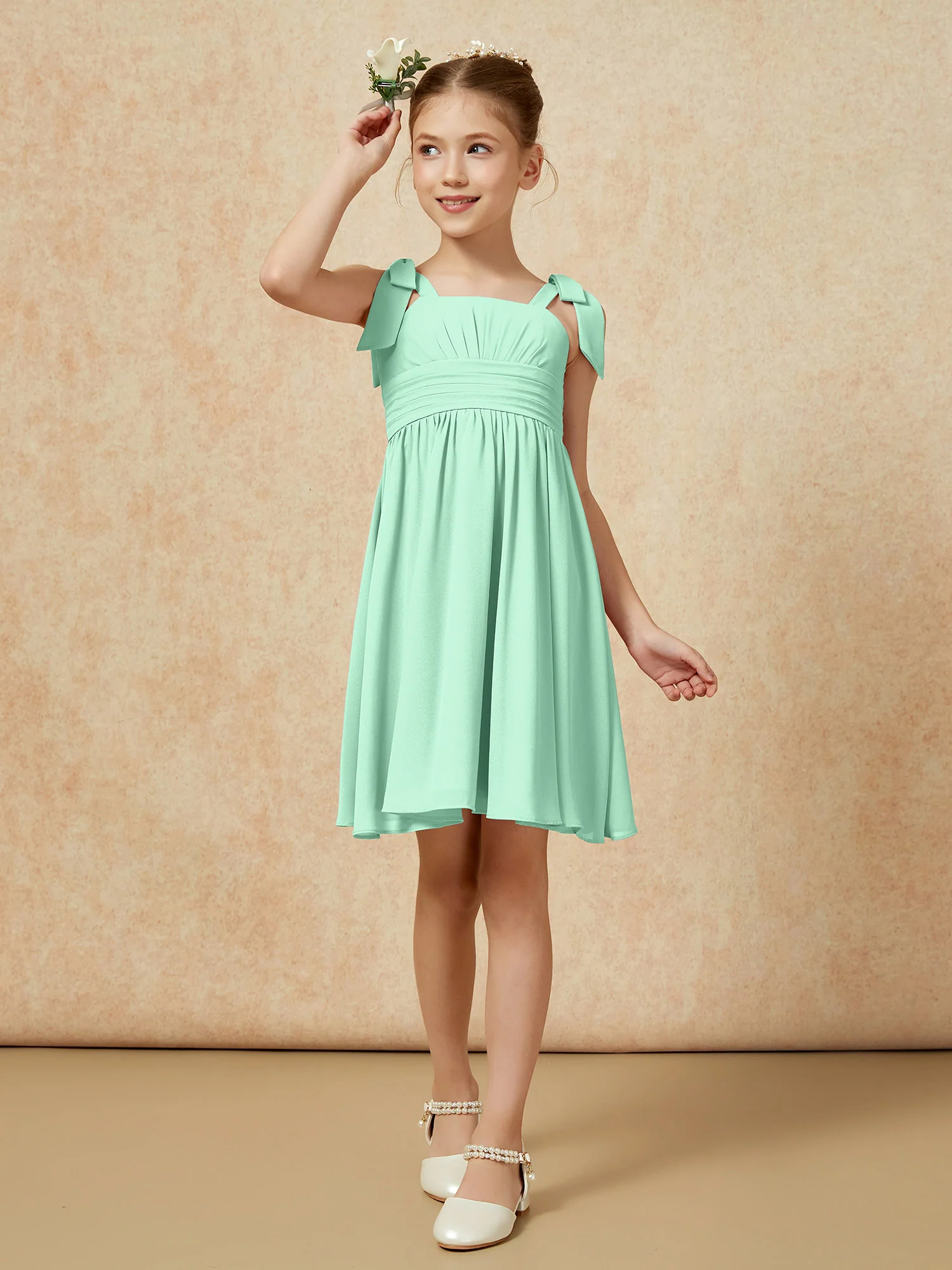 Bowknot Straps Knee-length Junior Bridesmaid Dresses Mint Green - Image 4