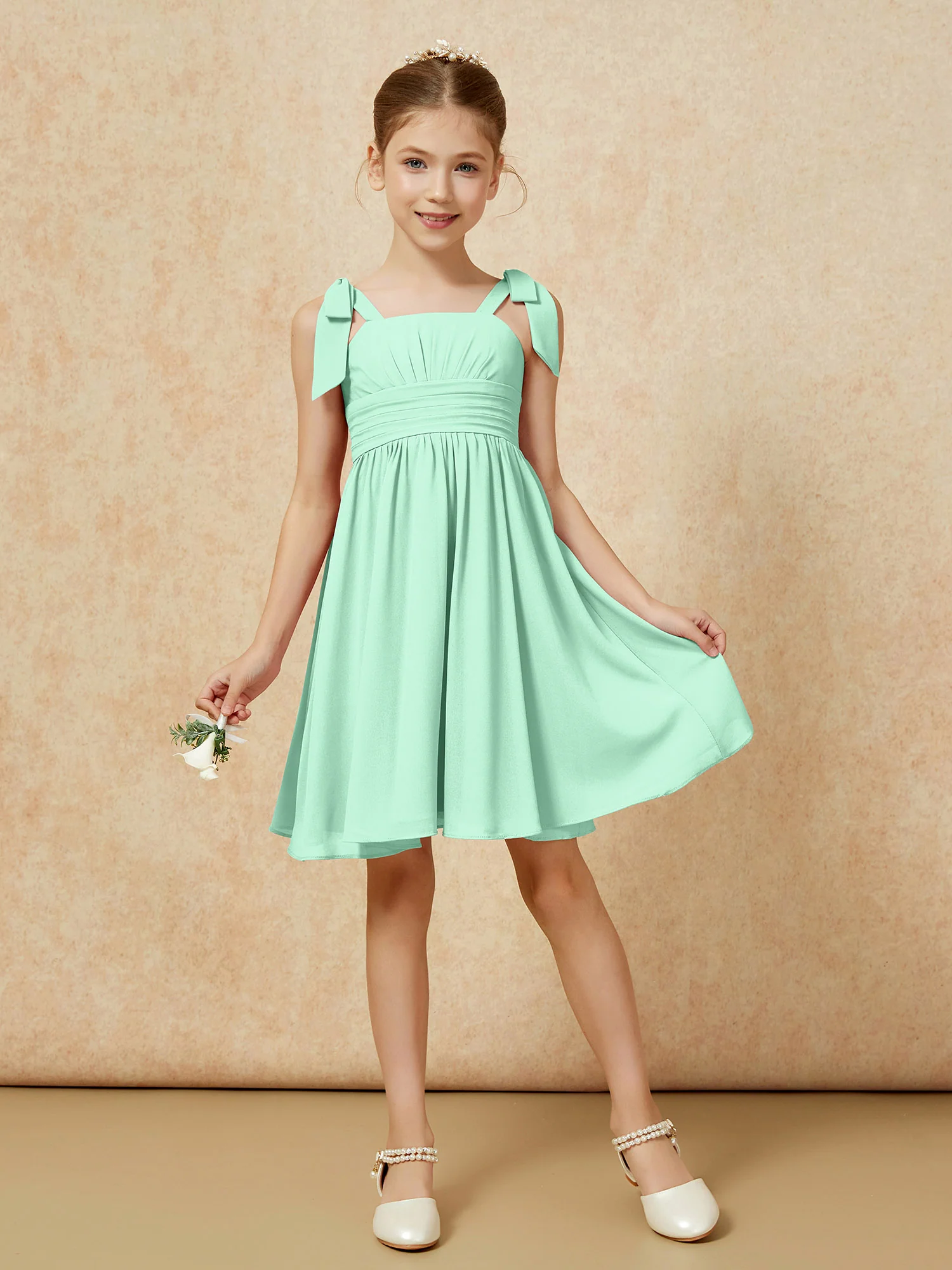 Bowknot Straps Knee-length Junior Bridesmaid Dresses Mint Green - Image 5